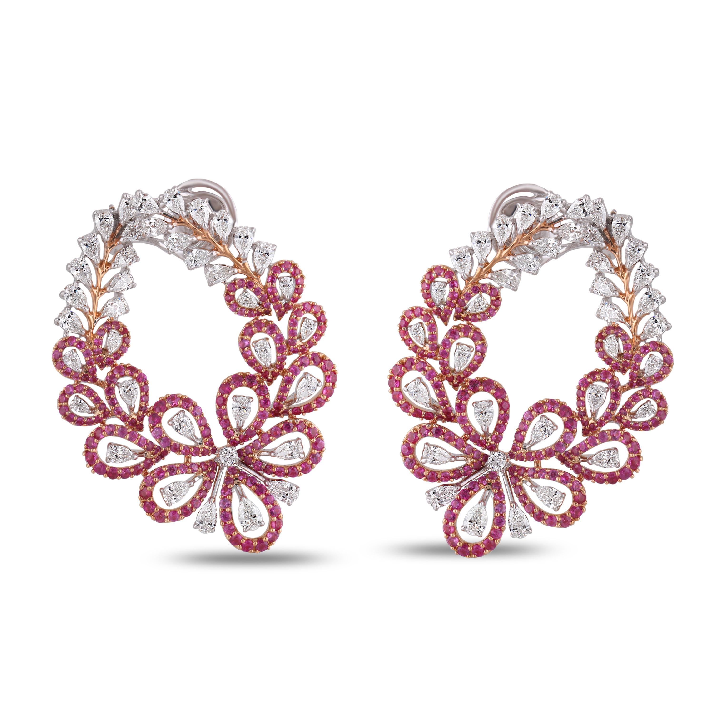 Pear Cut Studio Rêves Floral Pink Sapphire and Diamond Stud Earrings in 18 Karat Gold For Sale