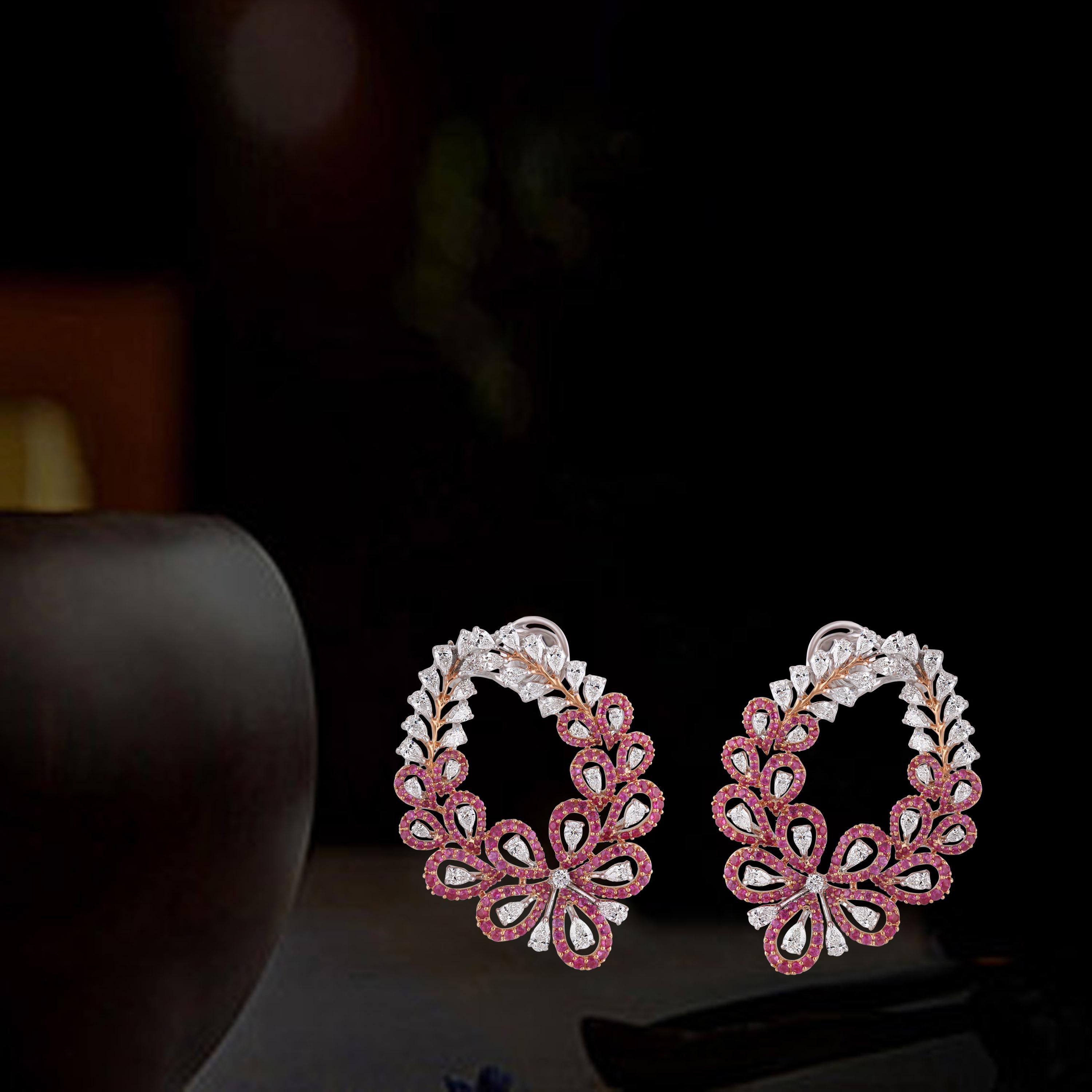 Studio Rêves Floral Pink Sapphire and Diamond Stud Earrings in 18 Karat Gold For Sale 1
