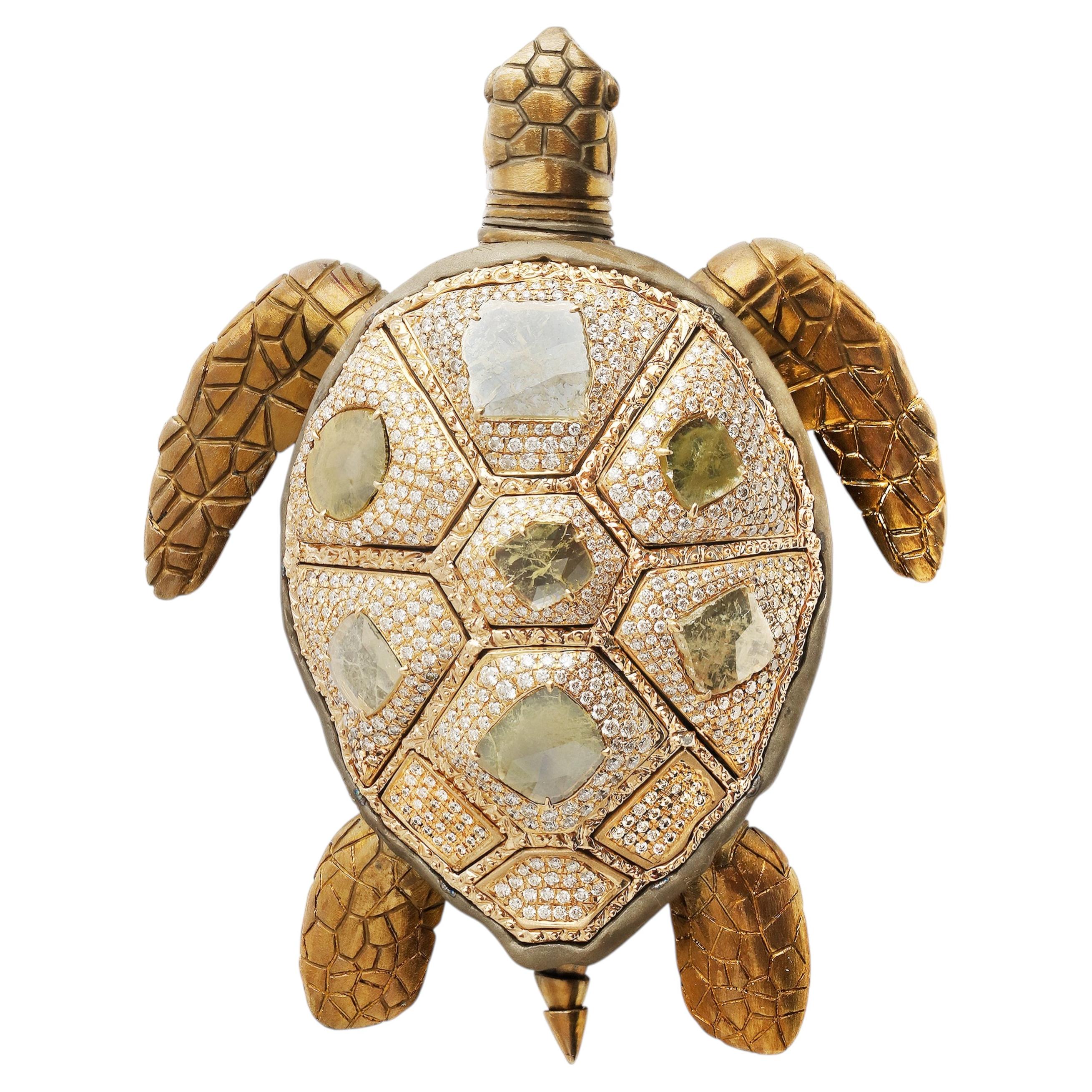 Studio Rêves Gilded Sentinel Turtle Brooch in Titanium and 18K Gold