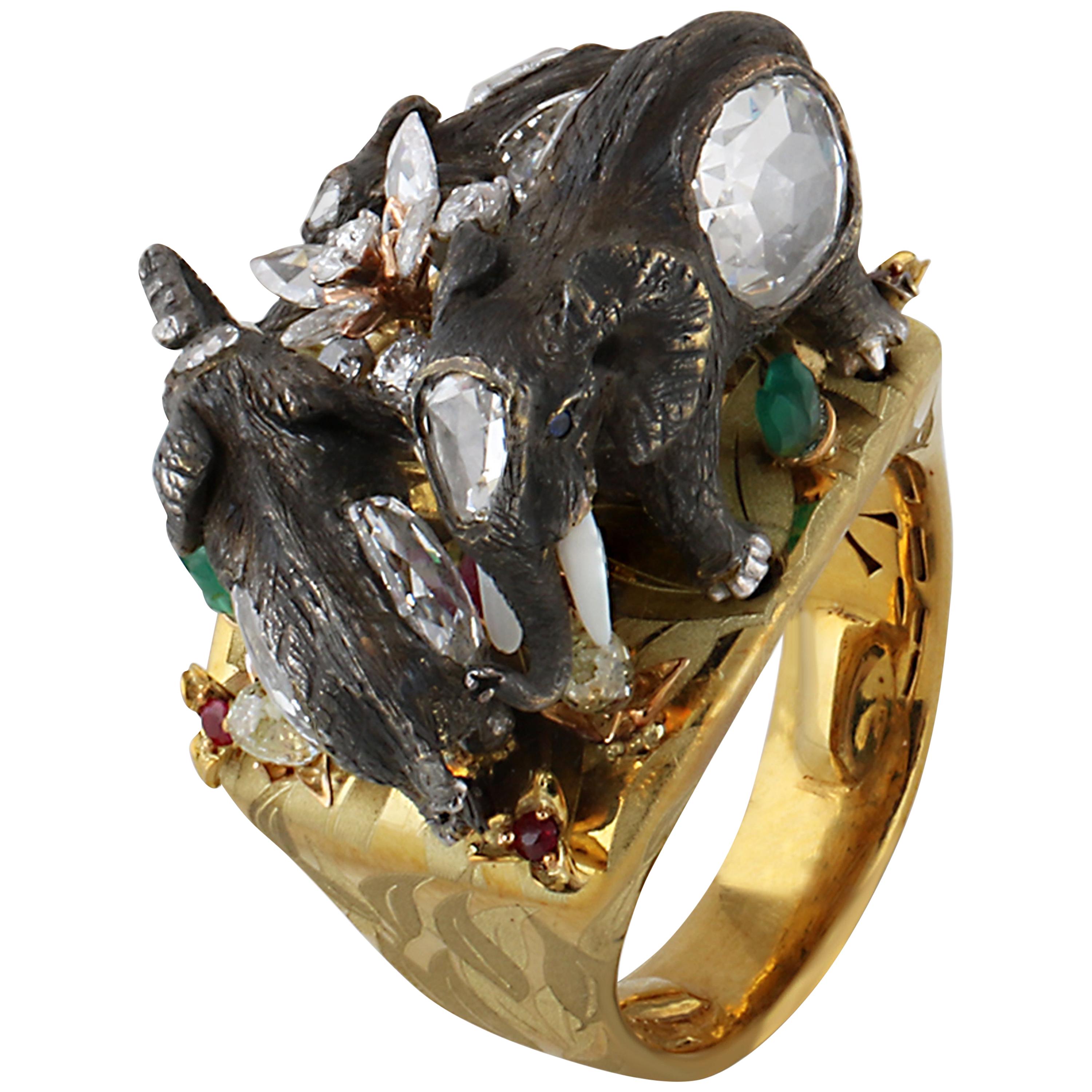 Studio Rêves Handcrafted Giant Elephant Cocktail Ring in 18 Karat Gold