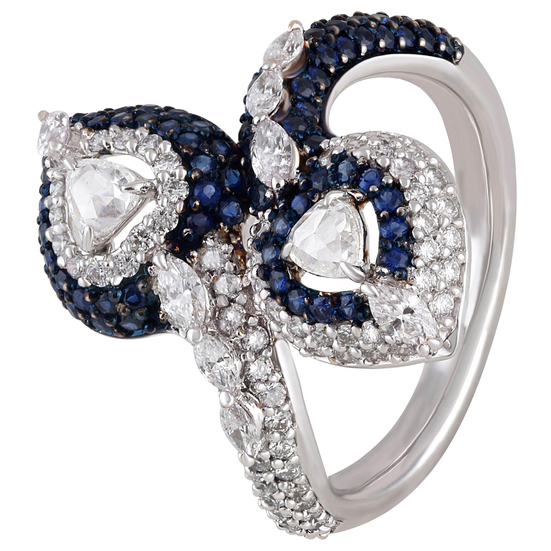 Studio Rêves Heart Rose Cut Diamonds and Blue Sapphire Ring in 18 Karat Gold For Sale