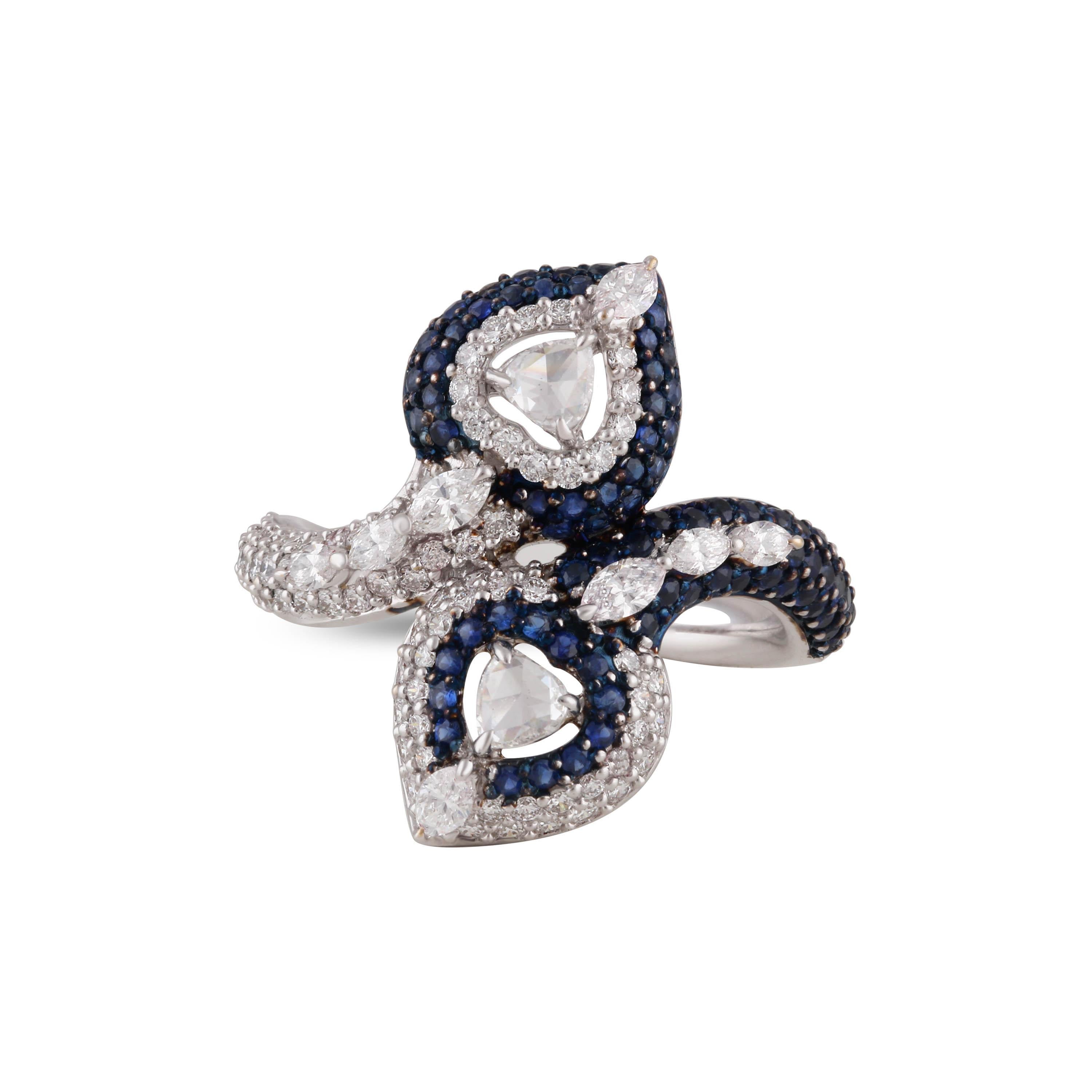 Studio Rêves Heart Rose Cut Diamonds and Blue Sapphire Ring in 18 Karat Gold In New Condition For Sale In Mumbai, Maharashtra