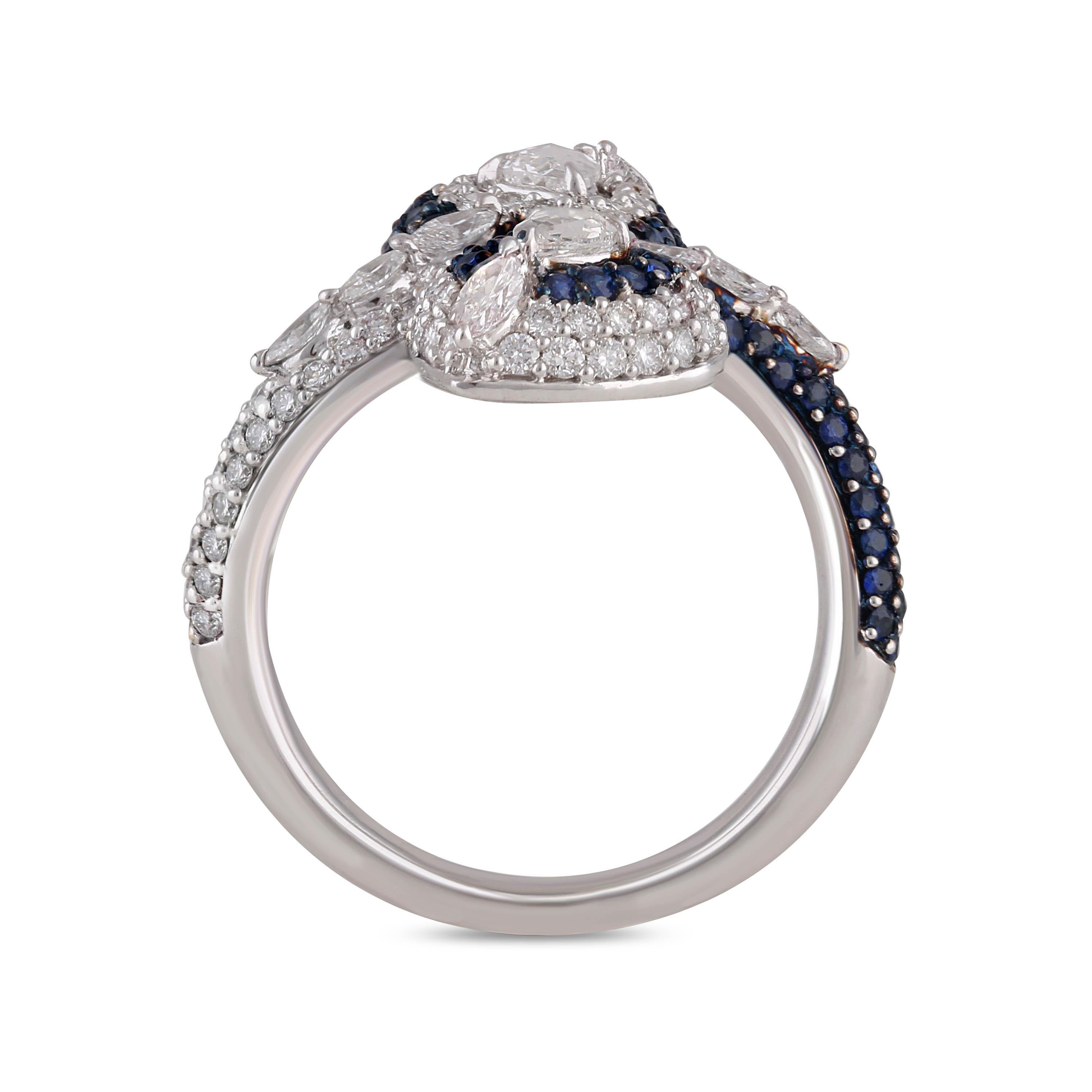 Studio Rêves Heart Rose Cut Diamonds and Blue Sapphire Ring in 18 Karat Gold For Sale 1