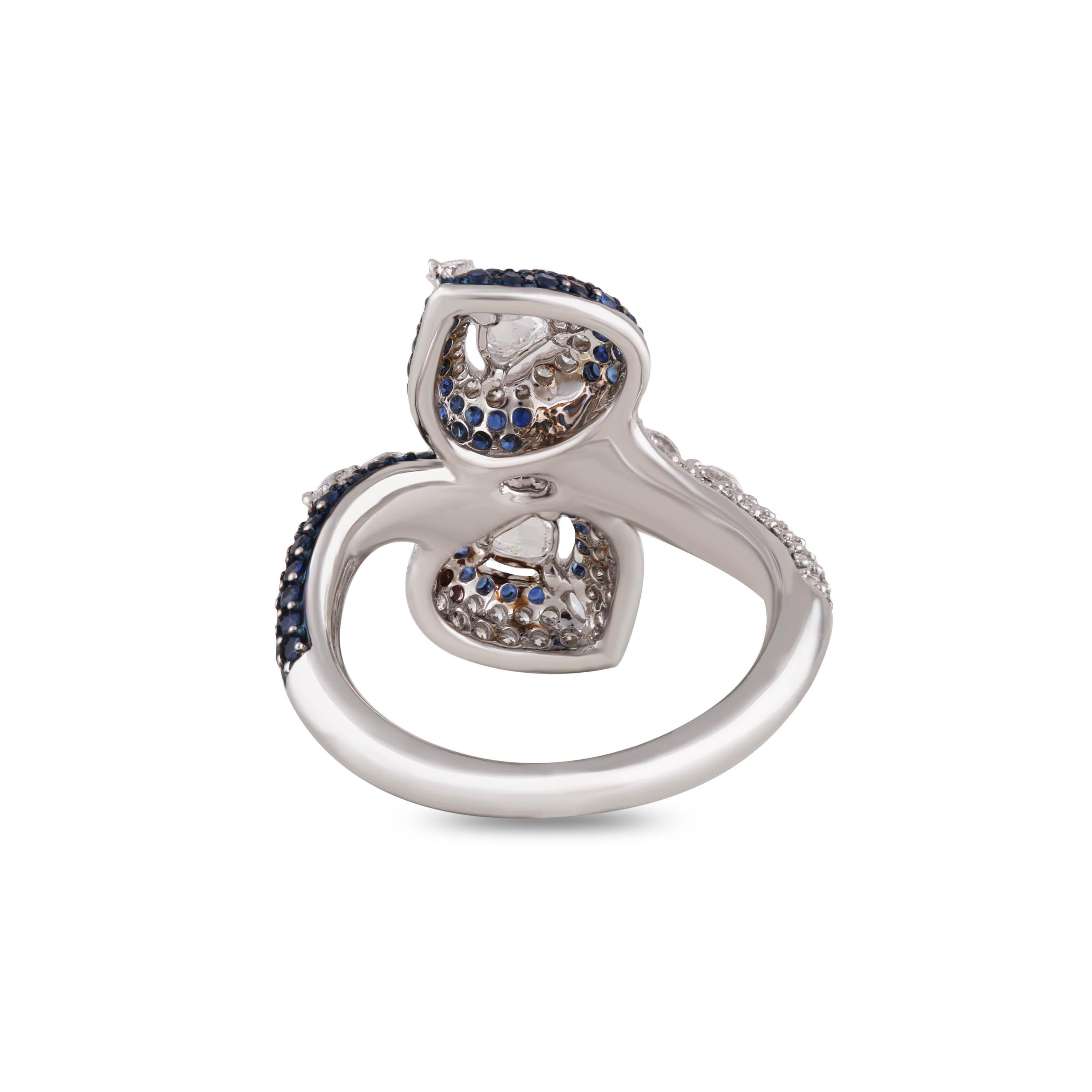 Studio Rêves Heart Rose Cut Diamonds and Blue Sapphire Ring in 18 Karat Gold For Sale 2