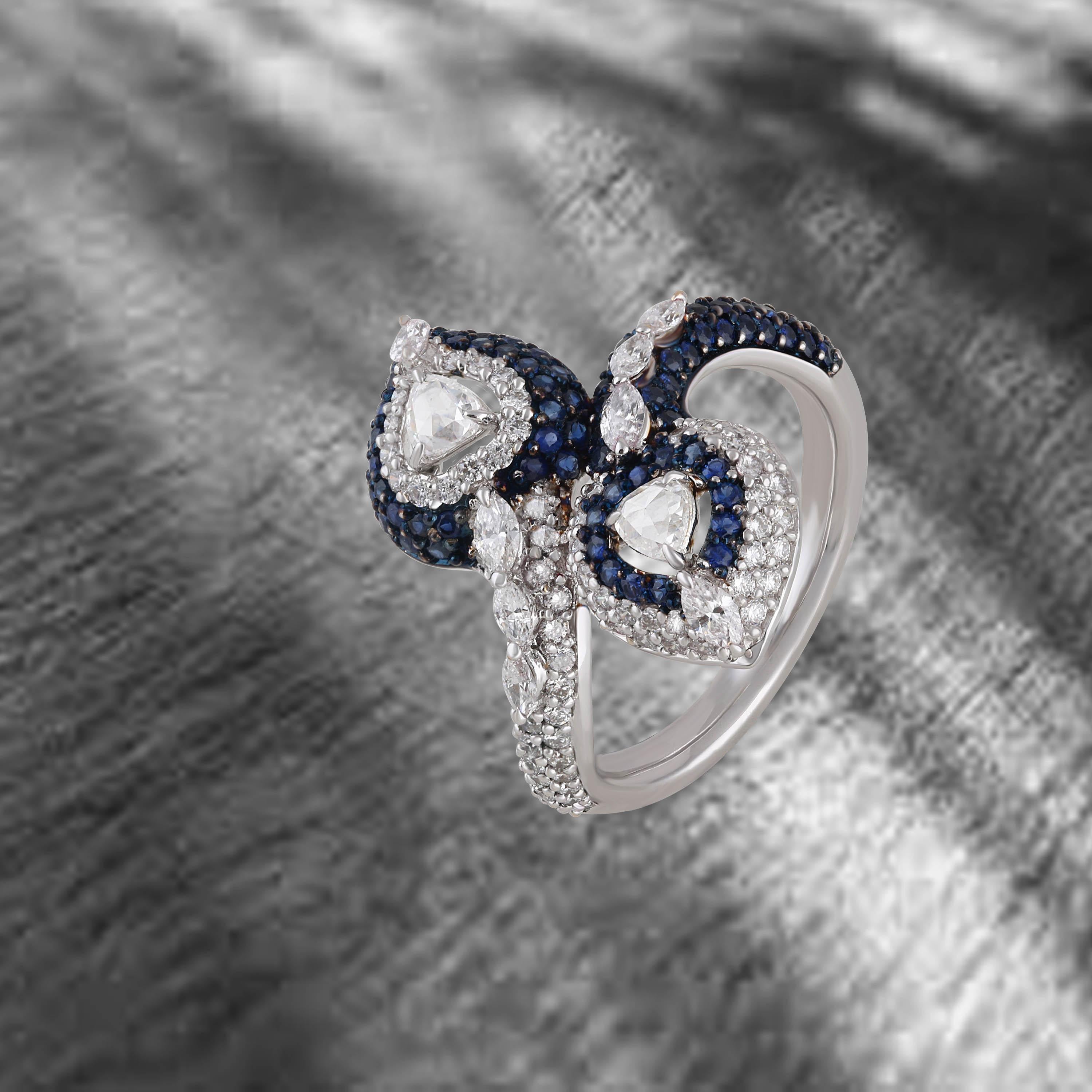 Studio Rêves Heart Rose Cut Diamonds and Blue Sapphire Ring in 18 Karat Gold For Sale 3