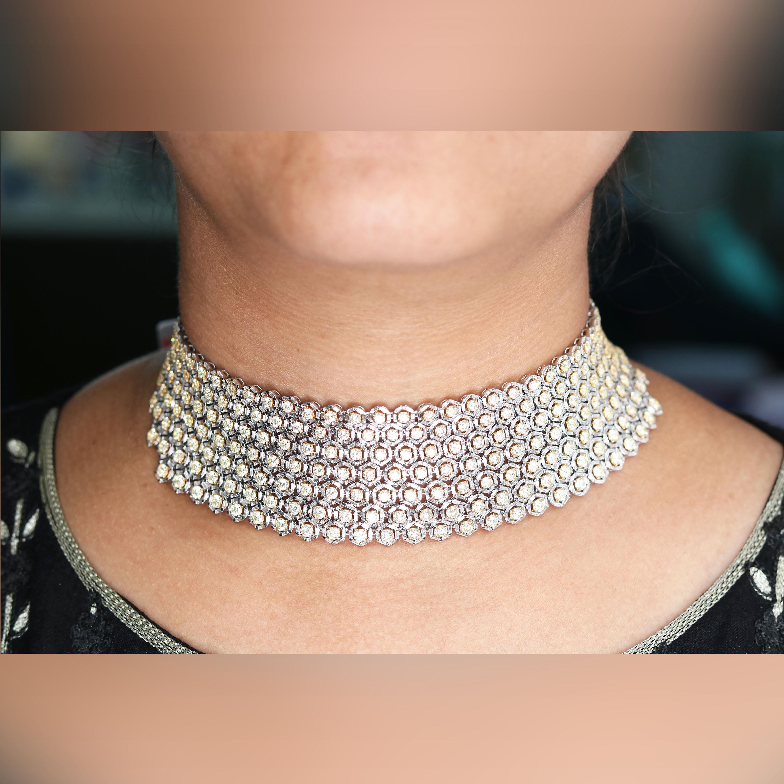 Poids brut : 134,01 grammes
Poids du diamant : 32,63 carats
Actuellement non classé. La certification IGI peut être effectuée sur demande.

Une vidéo du produit peut être partagée sur demande.

Collier ras du cou en diamant, inspiré du nid