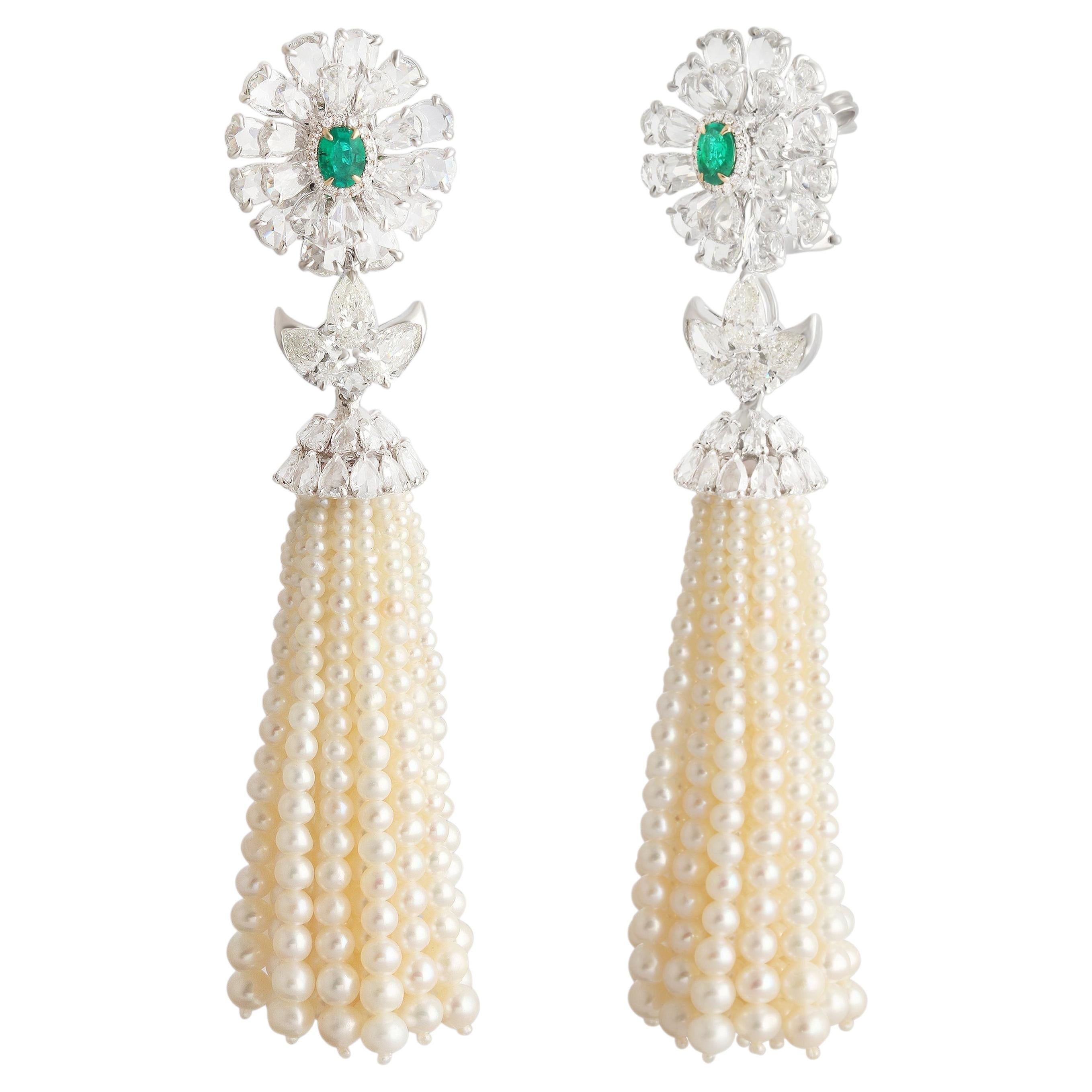 Studio Rêves Imperial Emerald, Diamond and Pearl Tassel Earrings in 18K Gold