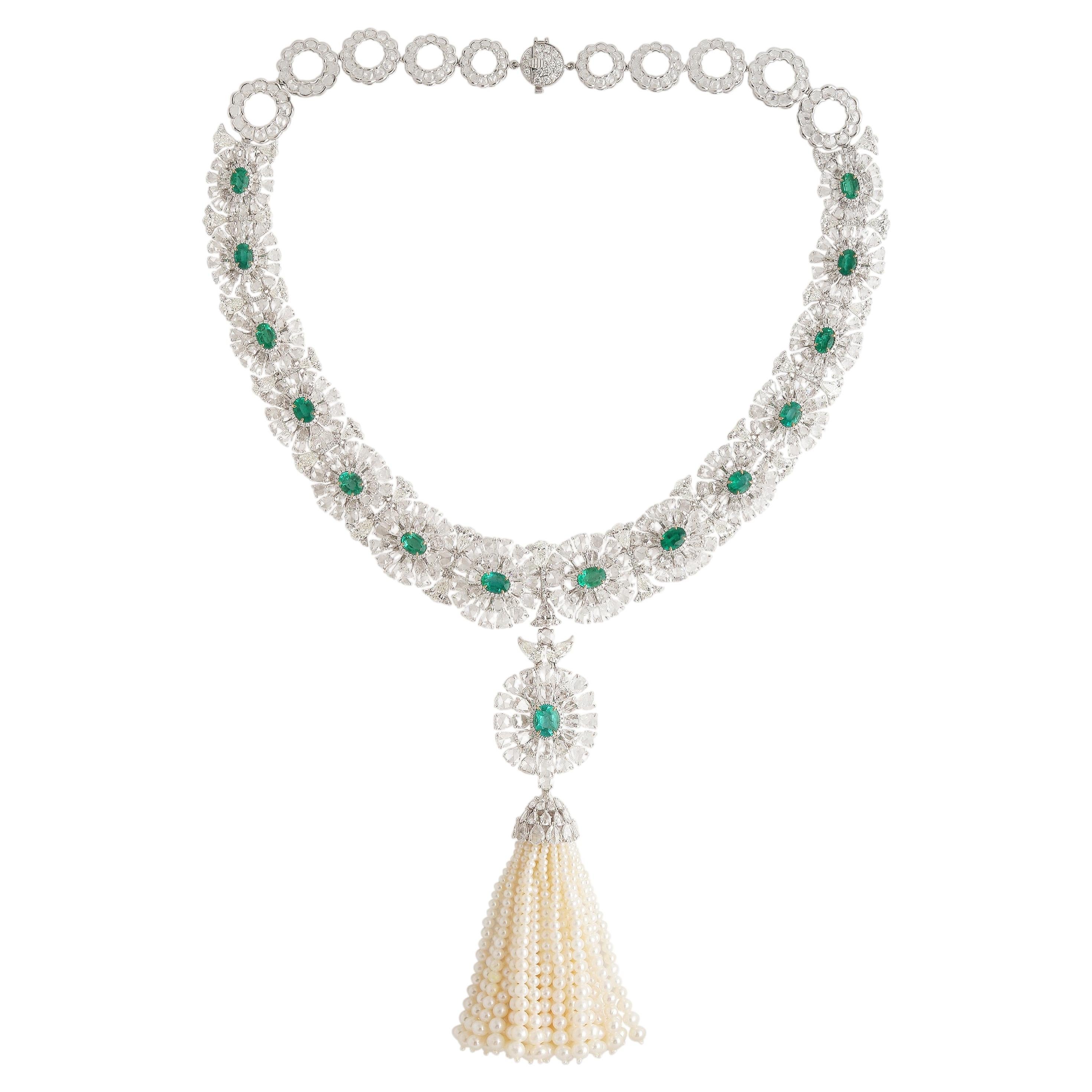 Studio Rêves Imperial Emerald, Diamond and Pearl Tassel Necklace in 18K Gold