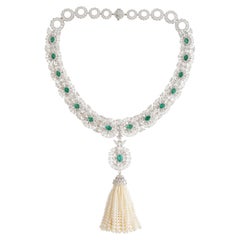 Studio Rêves Imperial Emerald, Diamond and Pearl Tassel Necklace in 18K Gold