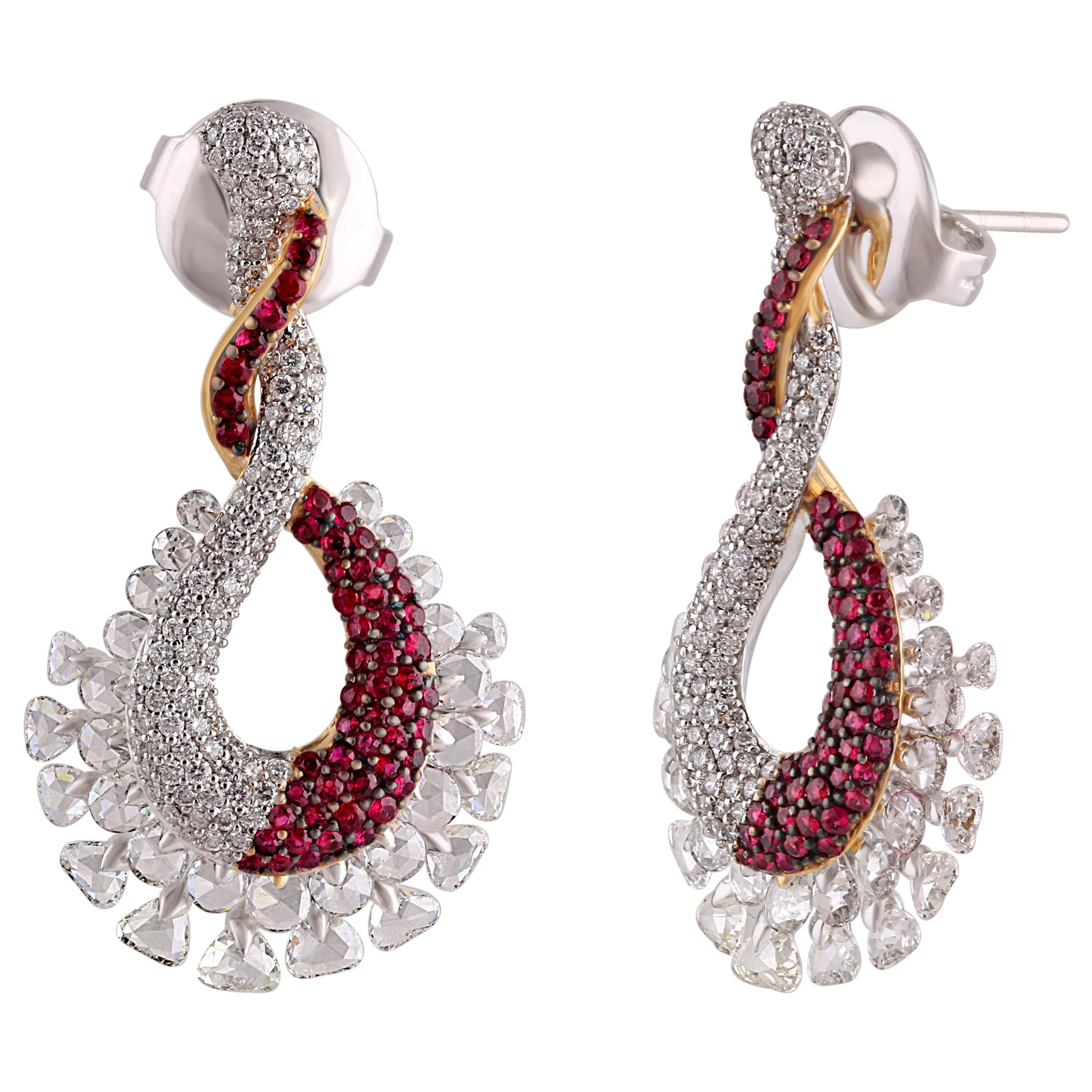 Studio Rêves Infinity Loop Dangling Earrings with Diamond and Ruby in 18K Gold For Sale