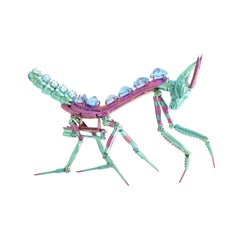 Studio Rêves Iridescent Praying Mantis Blue Topaz Brooch in Titanium