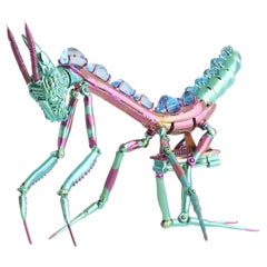 Studio Rêves Iridescent Praying Mantis Blue Topaz Brooch in Titanium