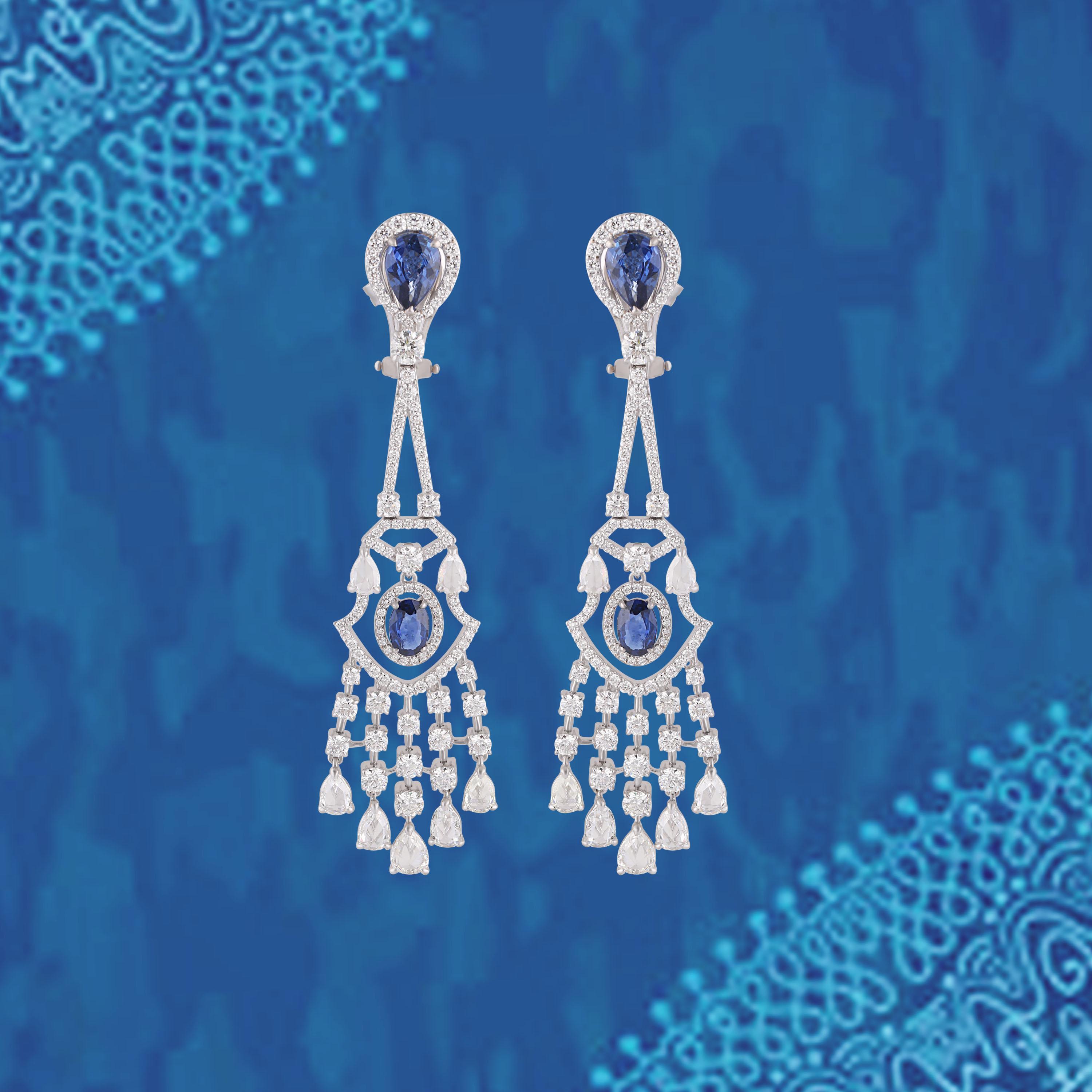 Studio Rêves Lacy Dangling Earrings with Diamonds and Blue Sapphires in 18K Gold For Sale 1