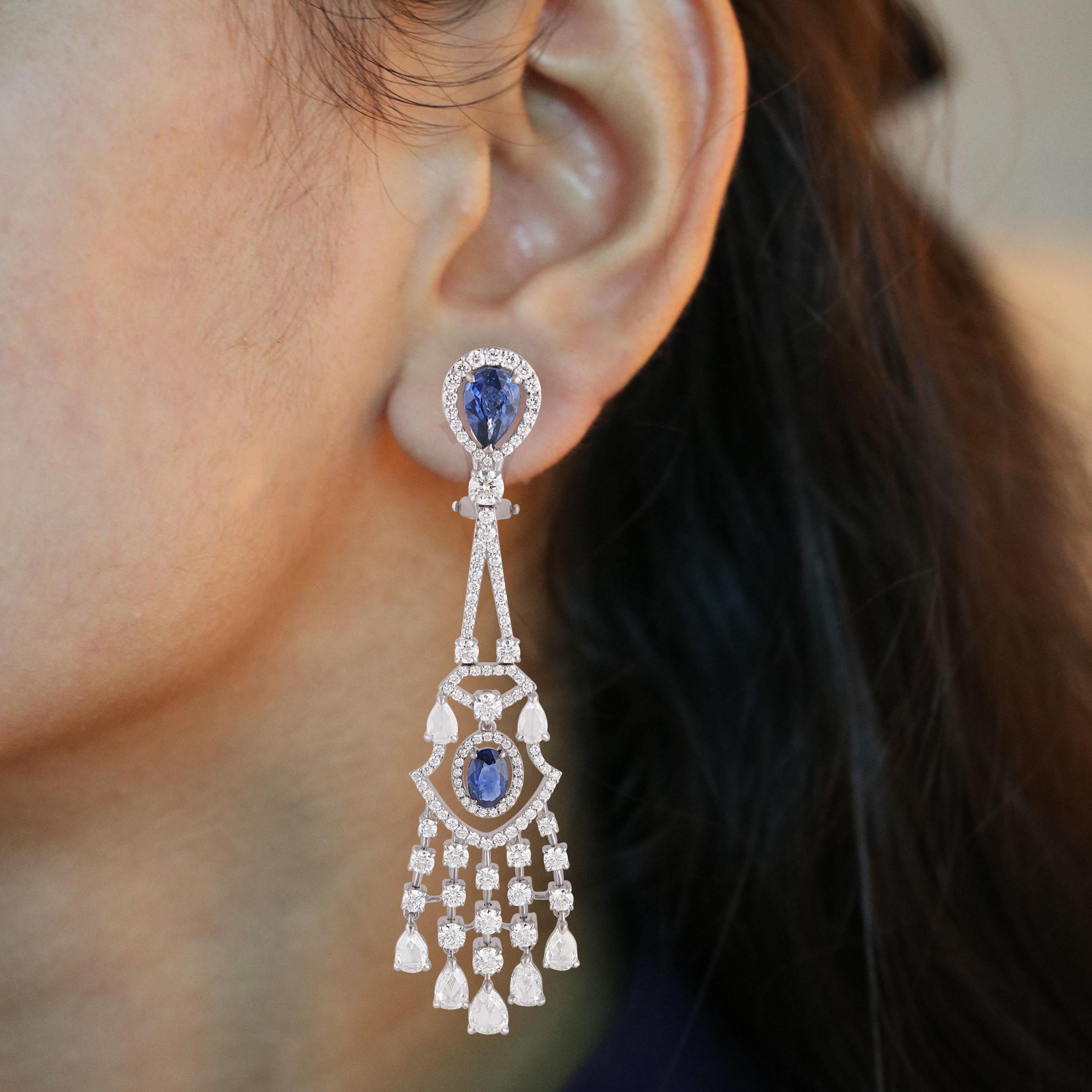 Diamond Weight: 5.33 cts
Blue Sapphire Weight: 3.42 cts
IGI Certified

Video of the product can be shared upon request.

The intricate workmanship of these earrings resembles an exquisite piece of hand crocheted lace. Rows of prong set diamonds form