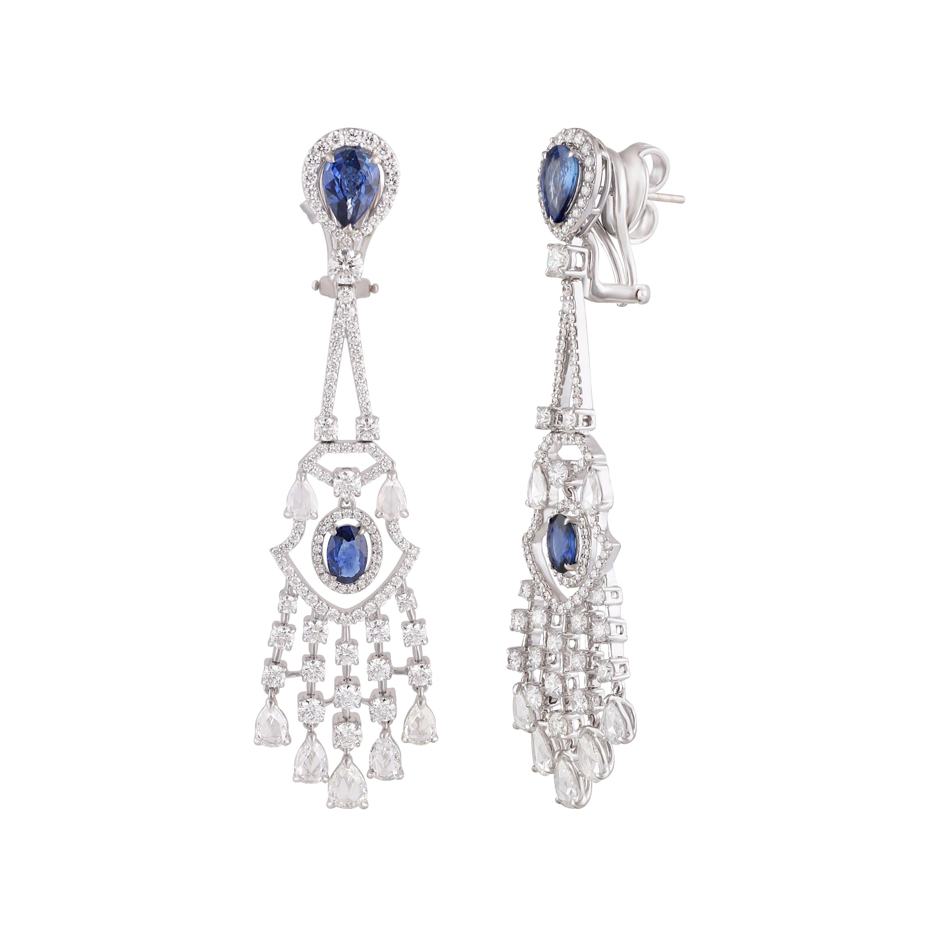 Studio Rêves Lacy Dangling Earrings with Diamonds and Blue Sapphires in 18K Gold For Sale