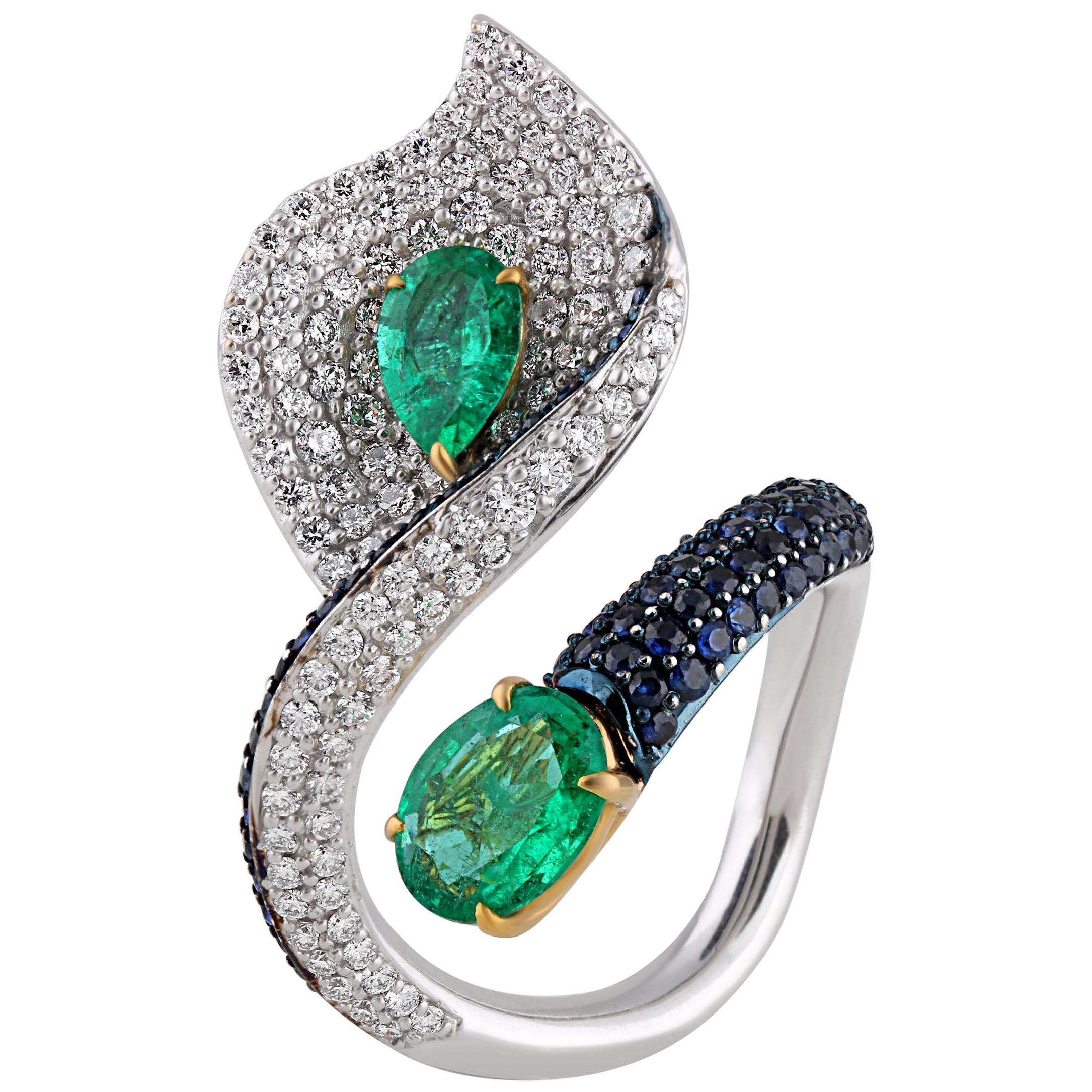 Studio Rêves Leaf Cocktail Ring in 18 Karat Gold with Diamonds and Emeralds For Sale