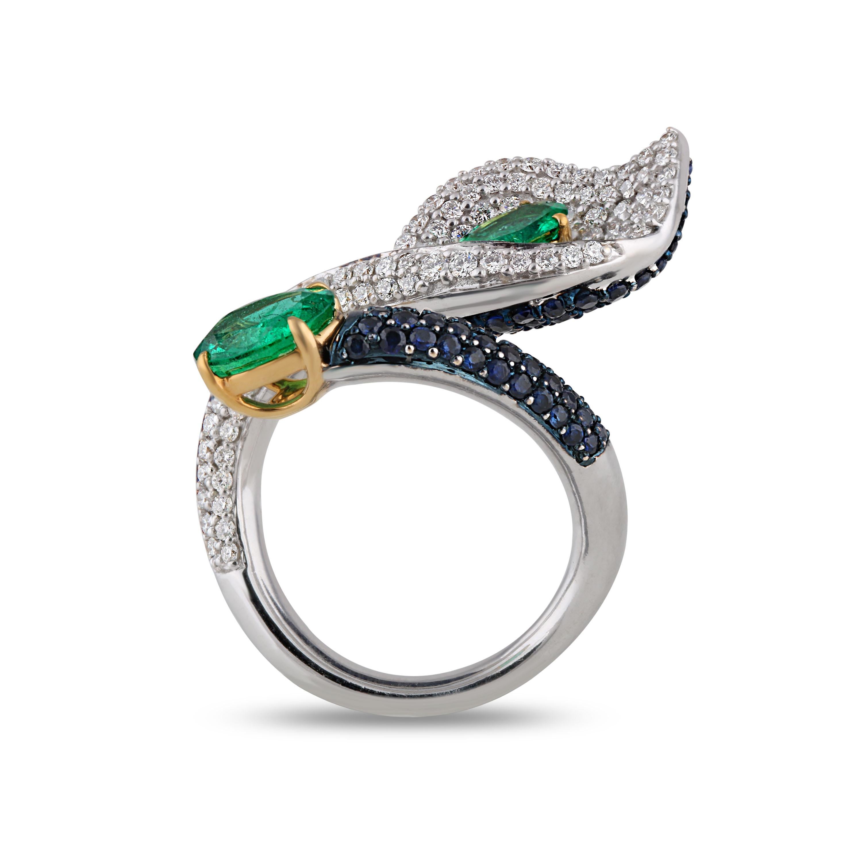 Women's Studio Rêves Leaf Cocktail Ring in 18 Karat Gold with Diamonds and Emeralds For Sale