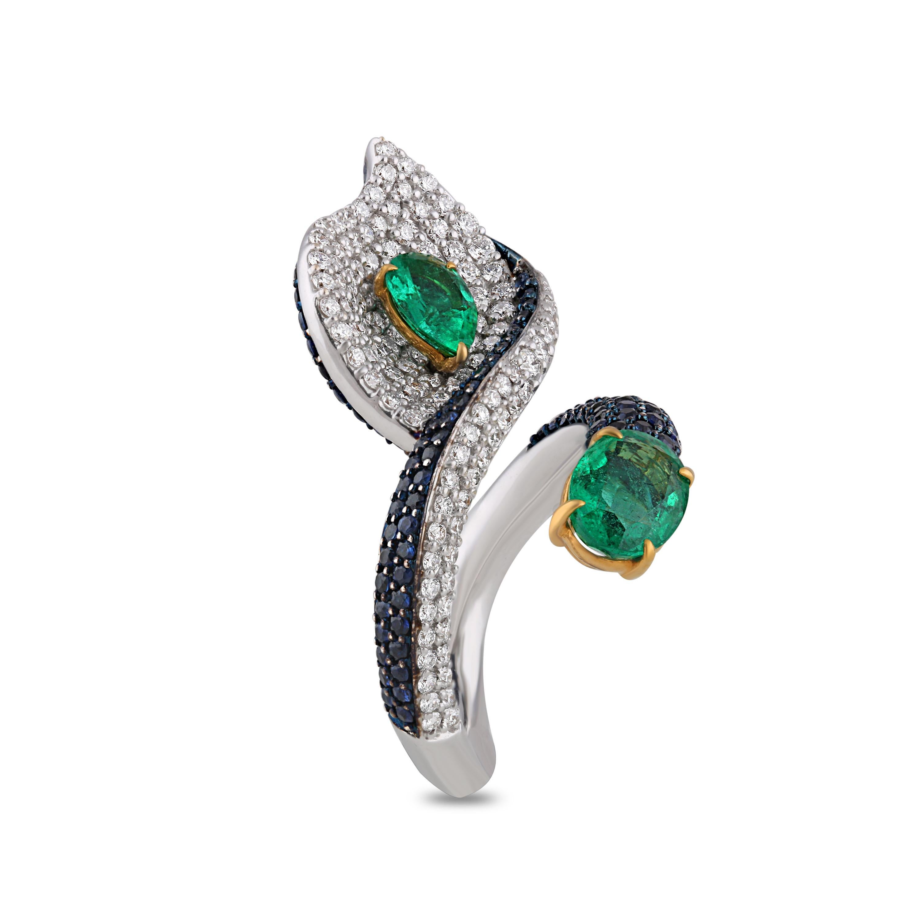 Studio Rêves Leaf Cocktail Ring in 18 Karat Gold with Diamonds and Emeralds For Sale 1
