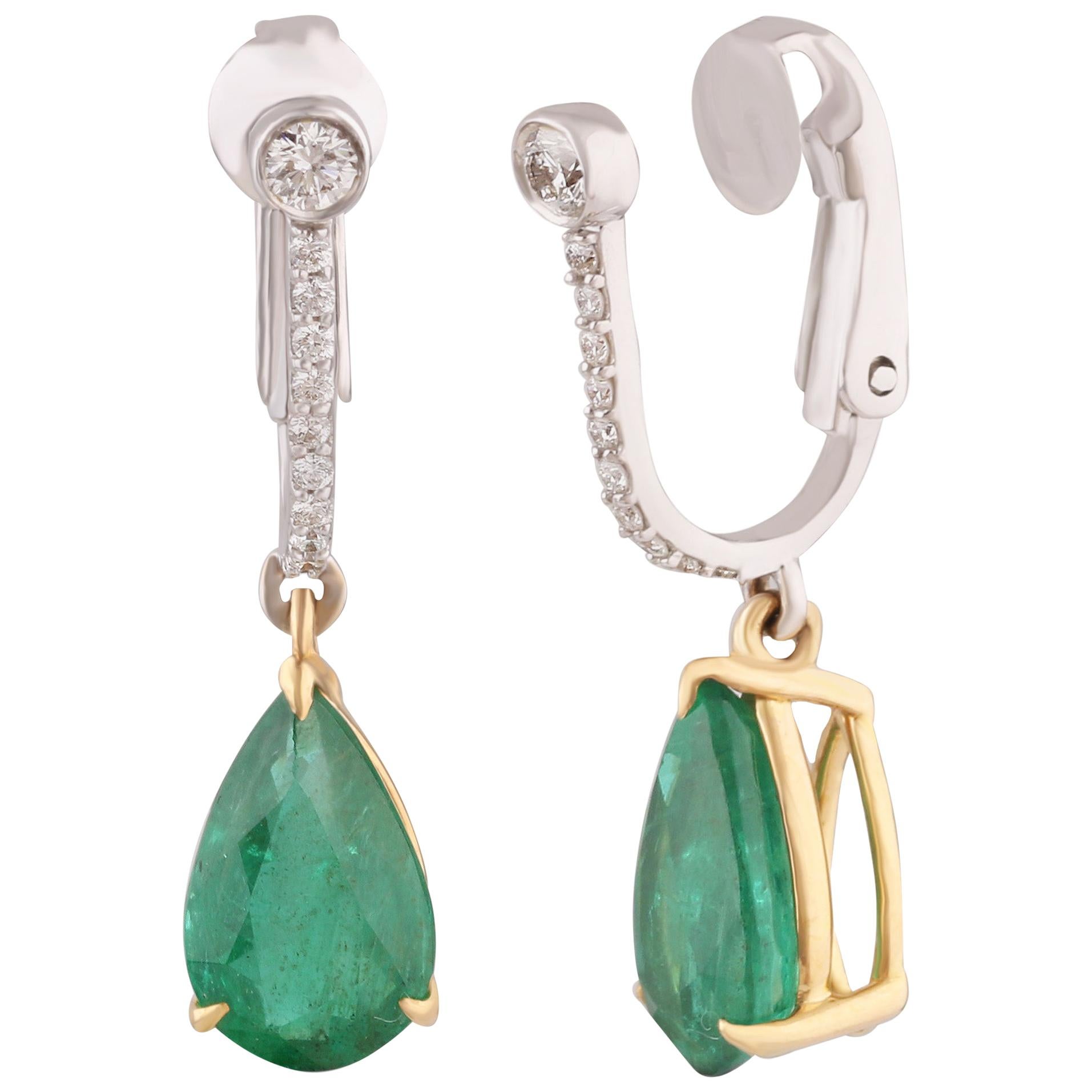 Studio Rêves Lever-Back Diamond and Emerald Drop Dangling Earrings in 18k Gold For Sale