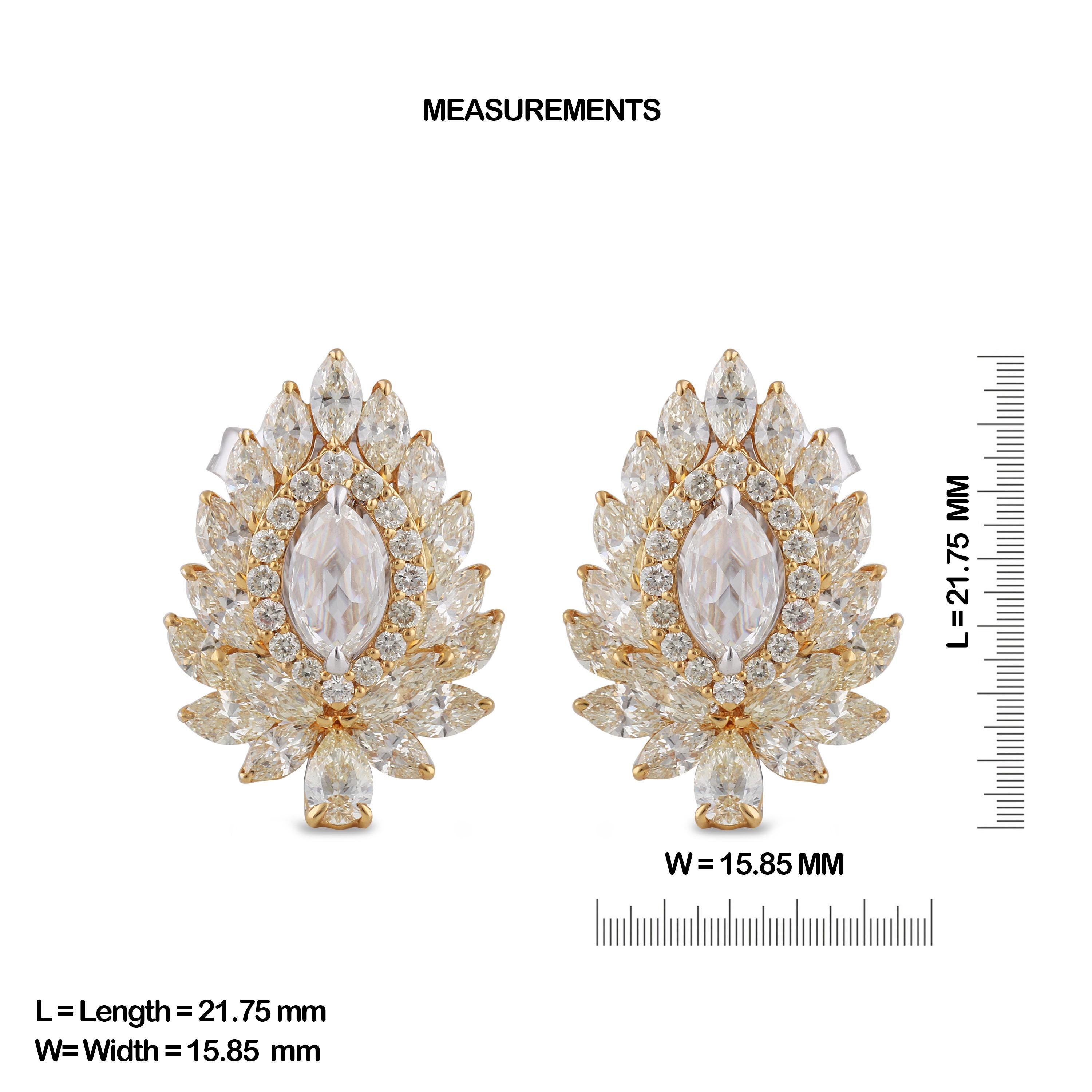 Gross Weight: 10.85 Grams
Diamond Weight: 4.96 cts
IGI Certification can be done on request.

Video of the product can be shared on request

These studs are studded with yellow full cut marquise and pear diamonds and white marquise rose cut diamonds