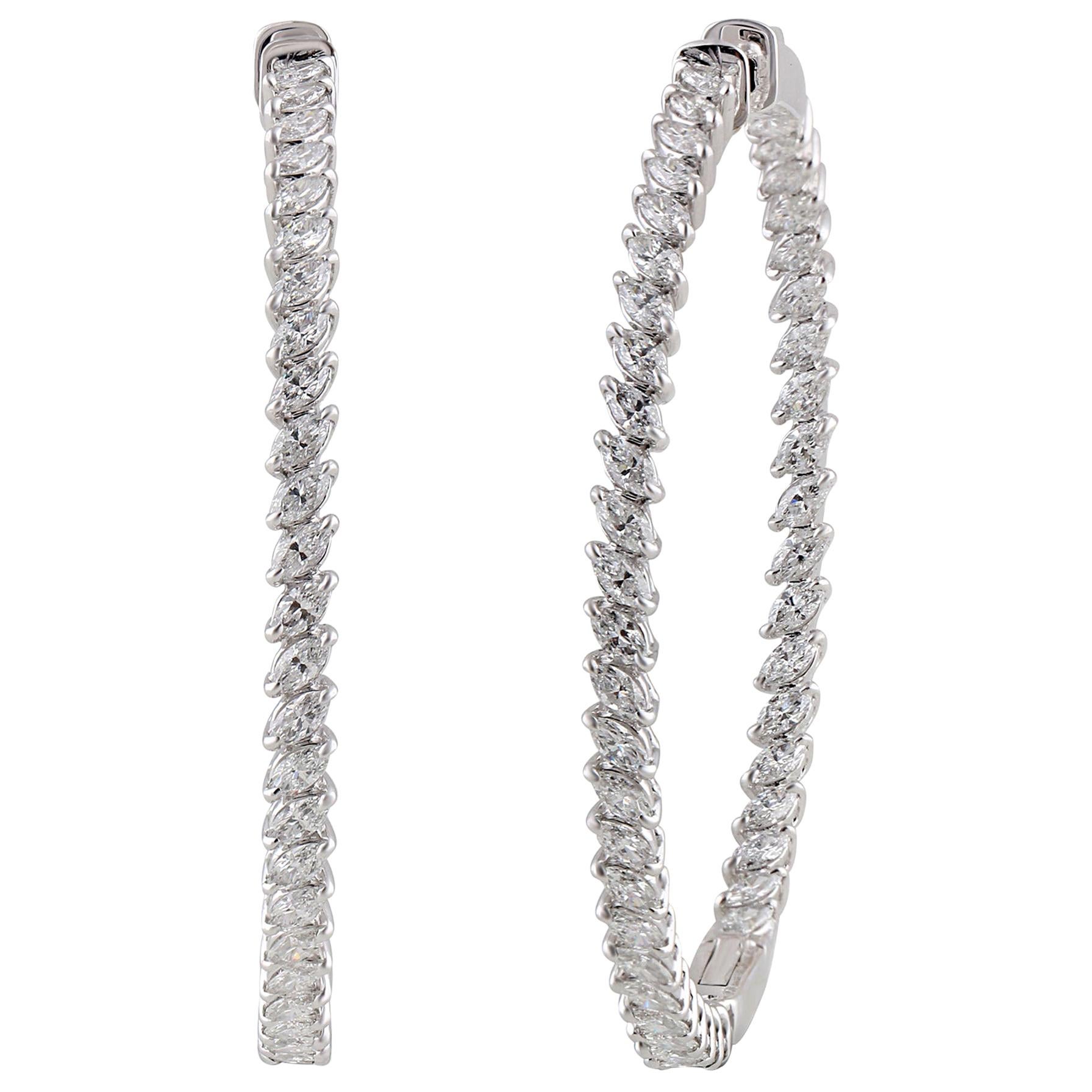 Studio Rêves Marquise Diamond Hoop Earrings in 18 Karat White Gold For Sale