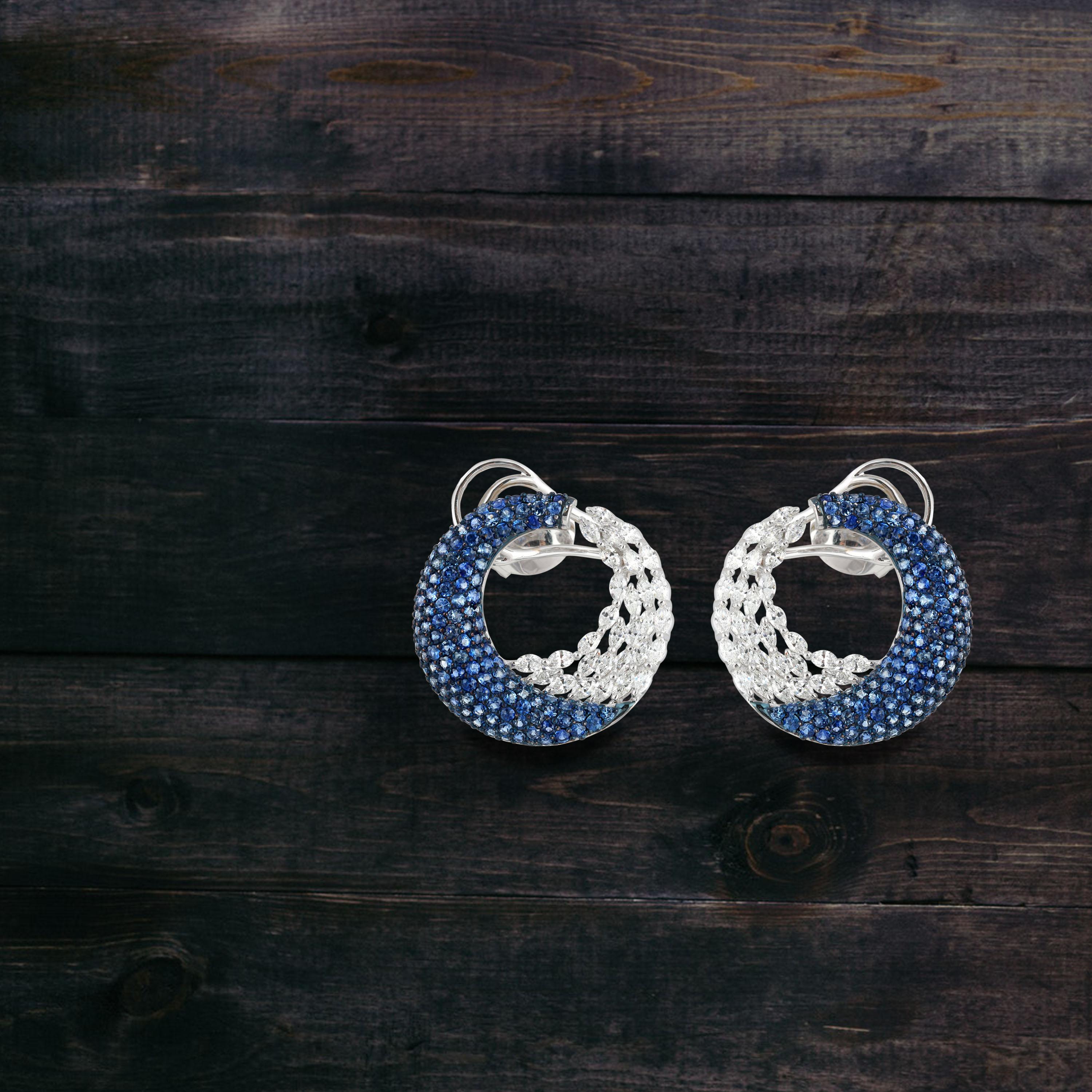 Women's Studio Rêves Marquise Diamonds and Blue Sapphire Earrings in 18 Karat Gold