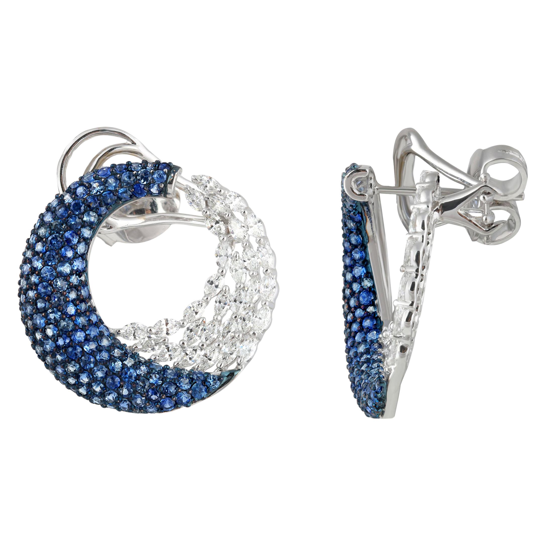 Studio Rêves Marquise Diamonds and Blue Sapphire Earrings in 18 Karat Gold
