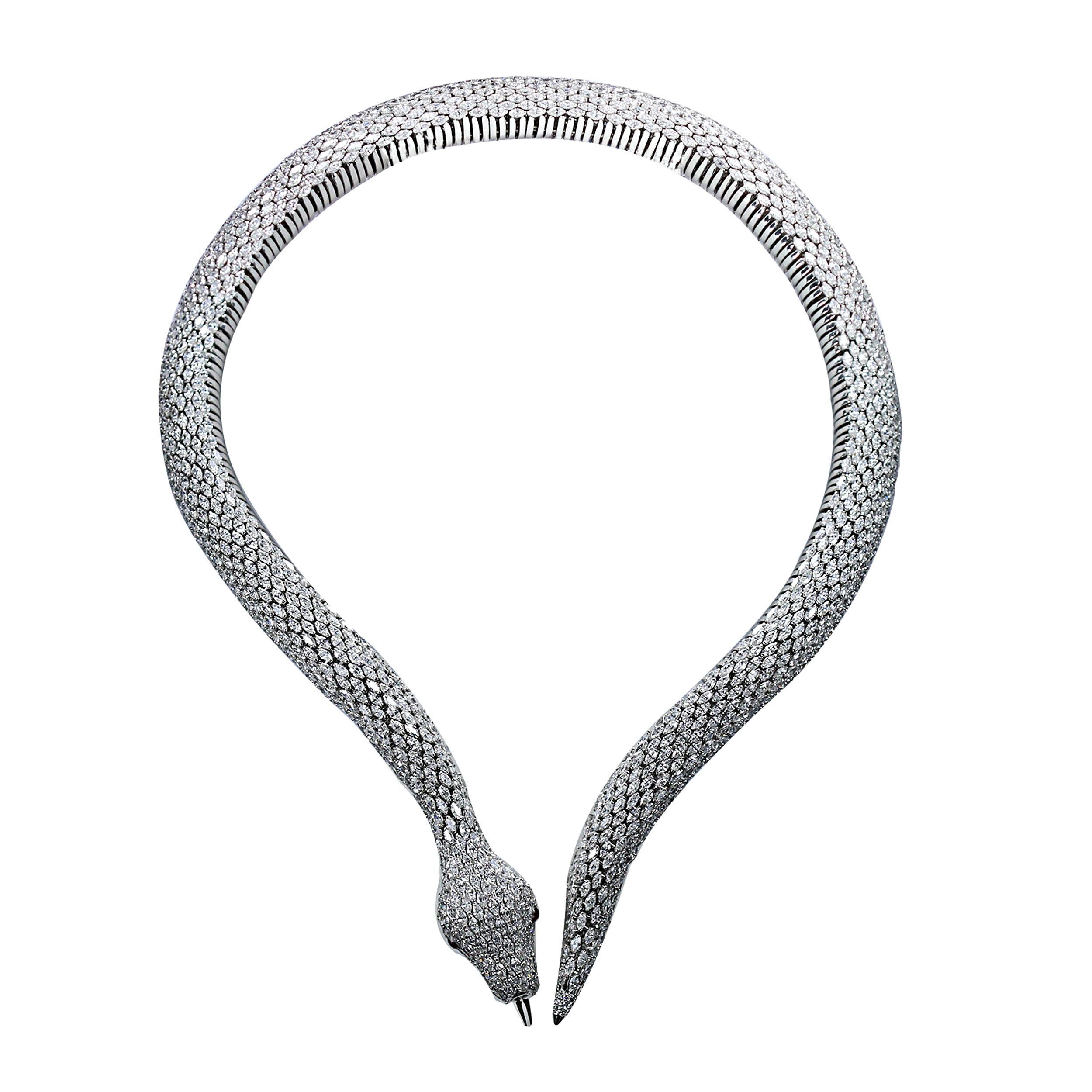 Contemporary Studio Rêves Marquise Snake Spring Collar Necklace 18 Karat White Gold For Sale