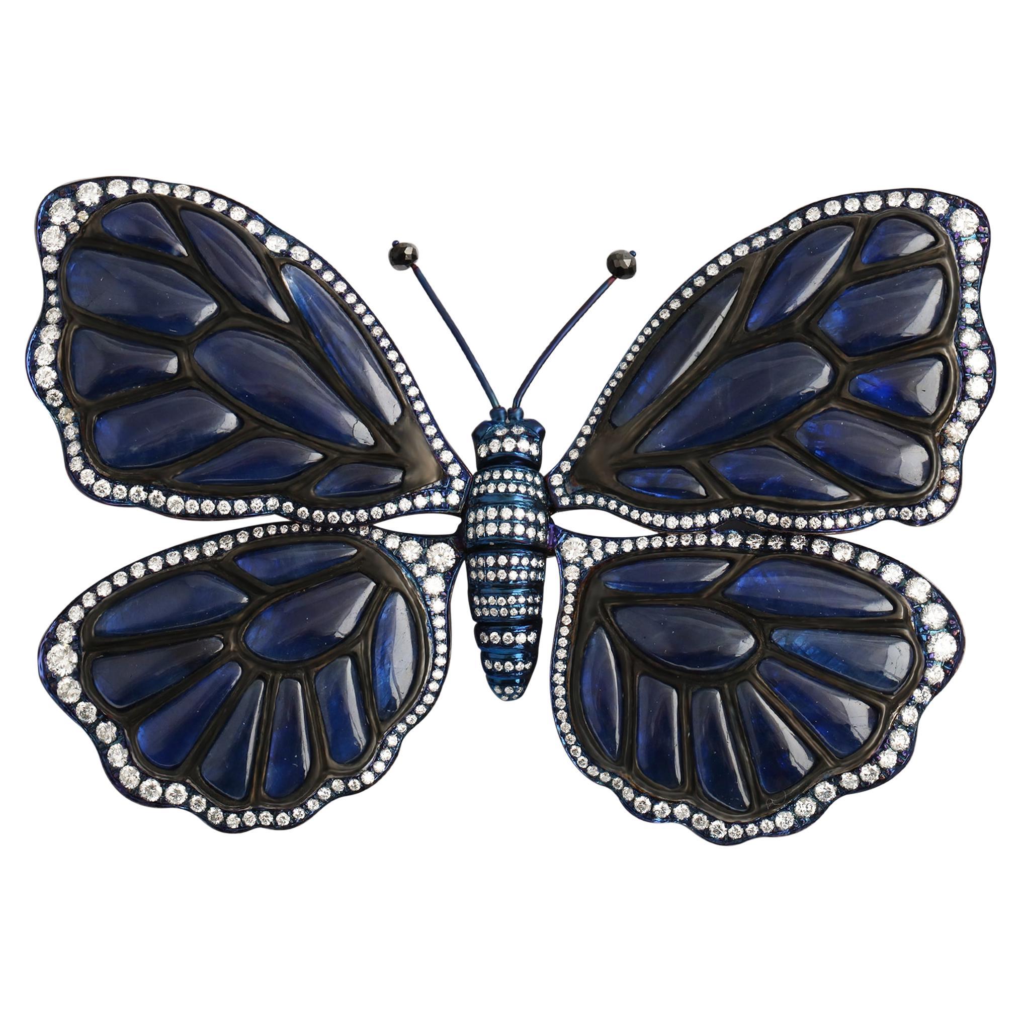 Studio Rêves 'Midnight Wings' Zaffiro cabochon, diamante e perline nere Farfalla
