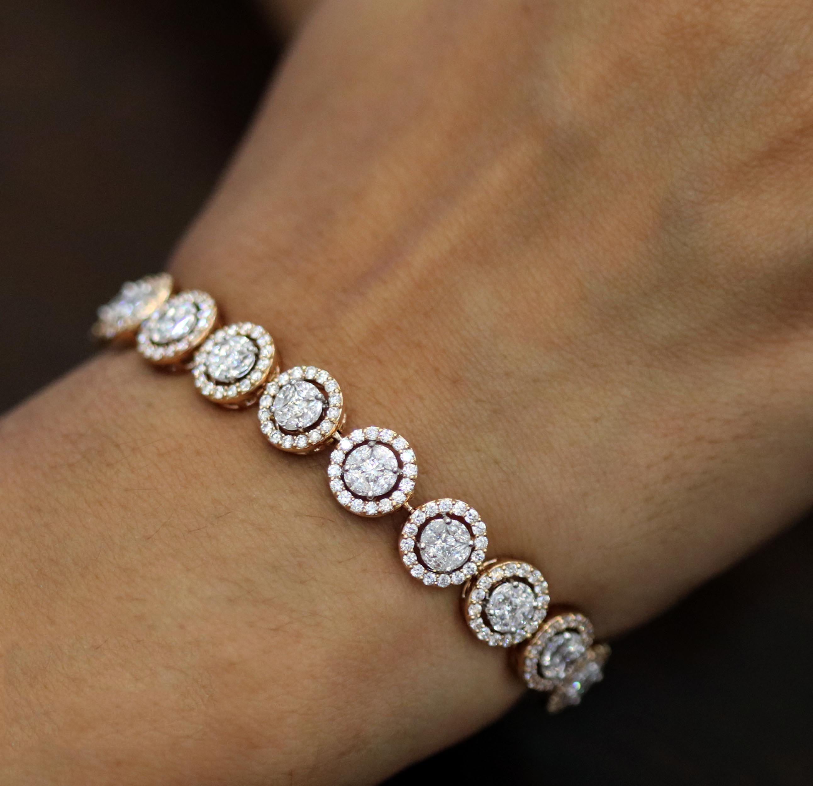 Gross Weight: 18.62 Grams
Diamond Weight: 5.43 cts 
IGI Certified:  Summary No: 22J975521807

Video of the product can be shared on request.

Paying homage to restrained opulence is this classic 18K white and rose gold tennis bracelet adorned with