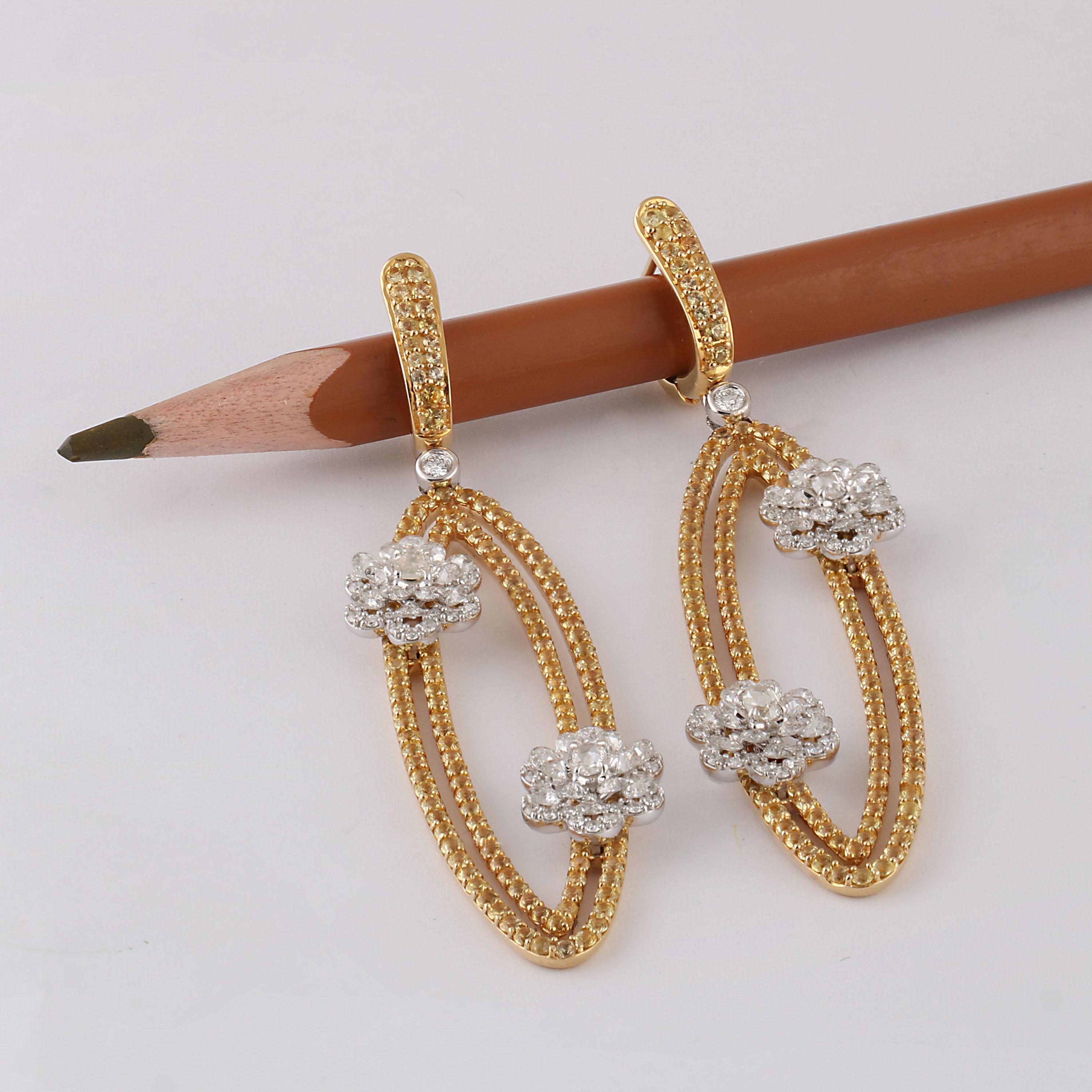 Rose Cut Studio Rêves Oval Dangling Diamonds Earrings with Yellow Sapphire in 18k Gold For Sale