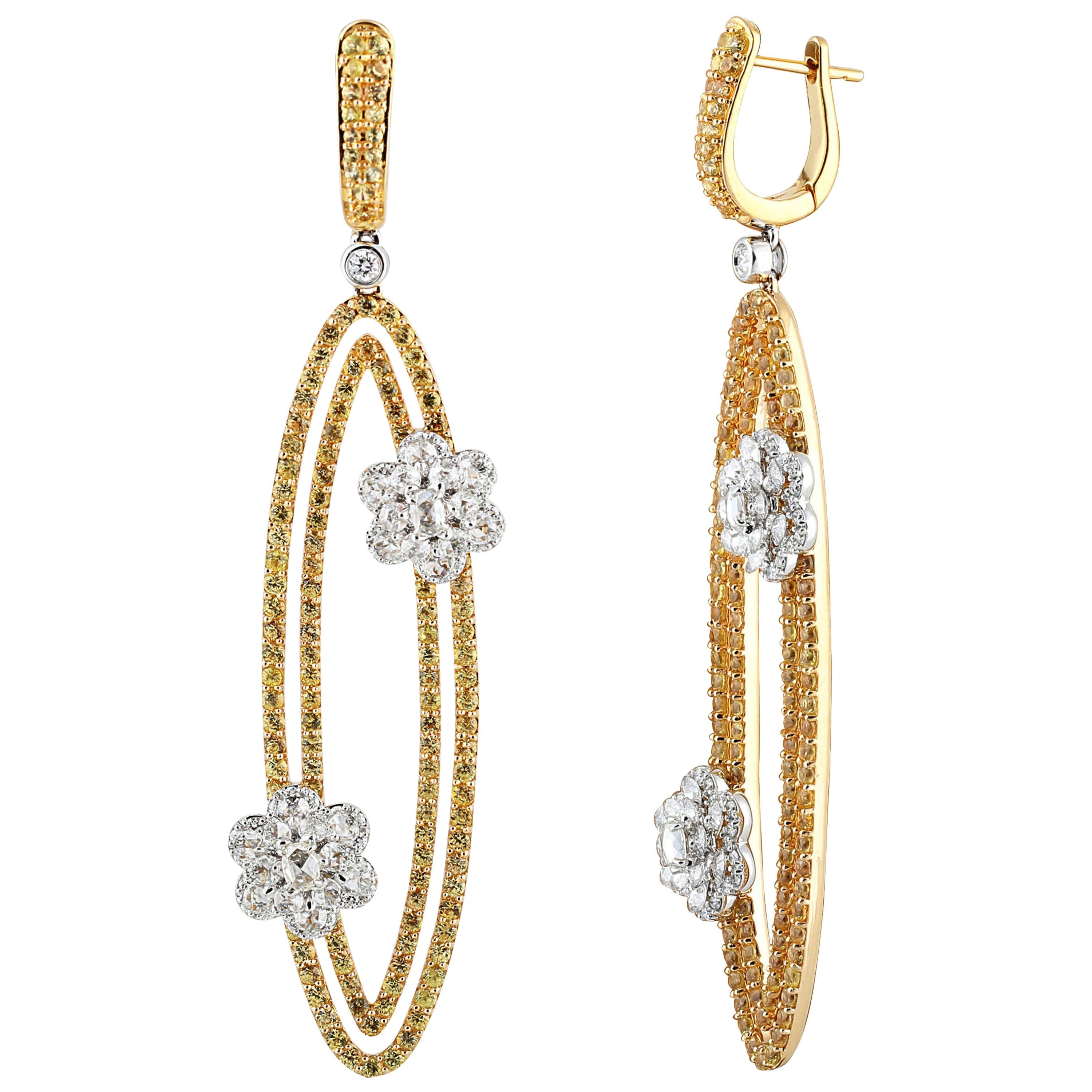 Women's Studio Rêves Oval Dangling Diamonds Earrings with Yellow Sapphire in 18k Gold For Sale