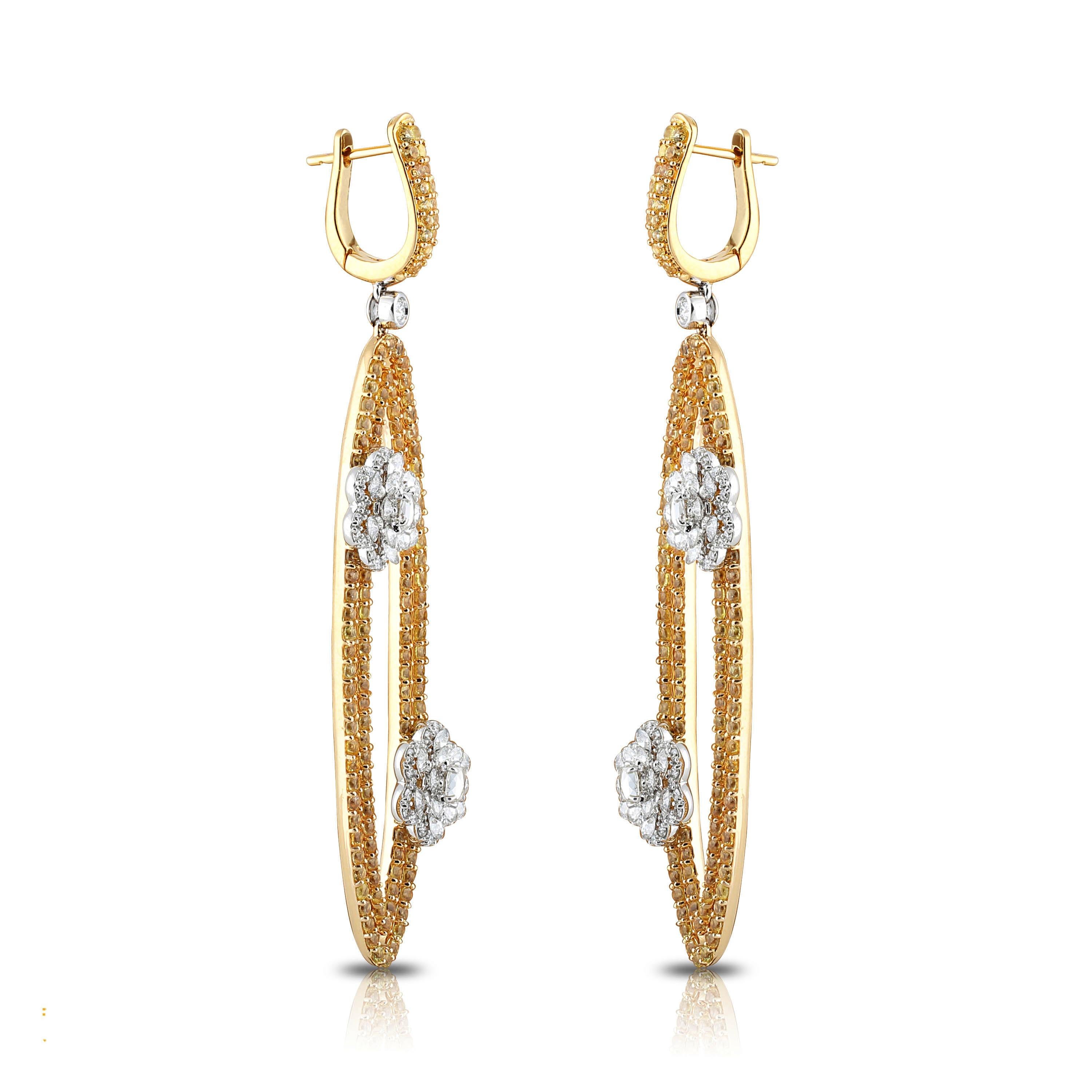 Studio Rêves Oval Dangling Diamonds Earrings with Yellow Sapphire in 18k Gold For Sale 1