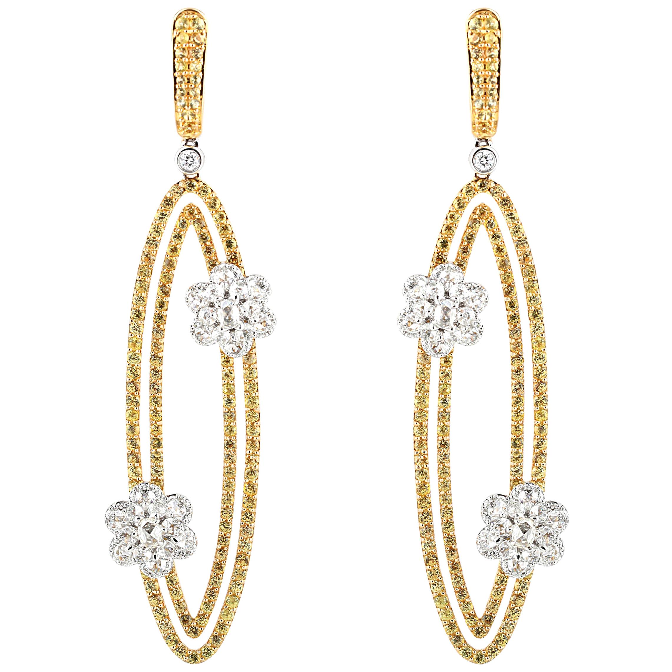 Studio Rêves Oval Dangling Diamonds Earrings with Yellow Sapphire in 18k Gold For Sale