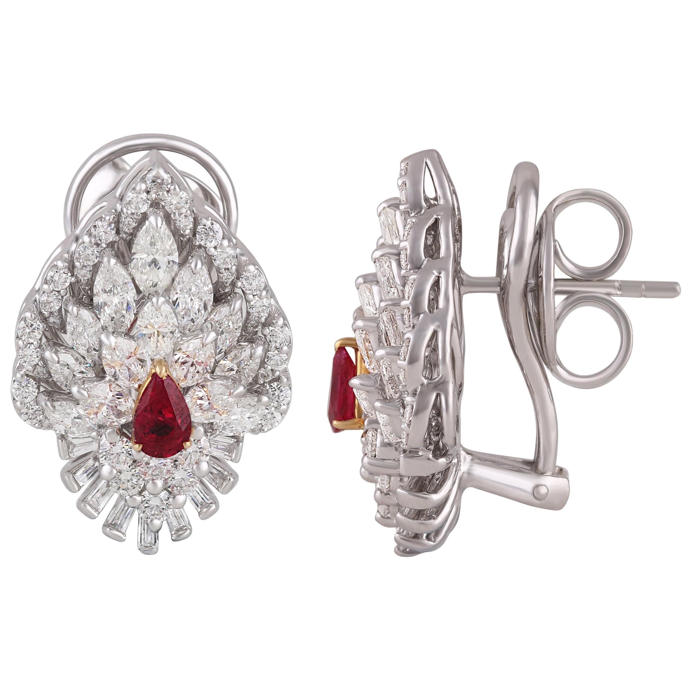 Studio Rêves Peacock Inspired Diamond and Ruby Earrings in 18 Karat Gold For Sale