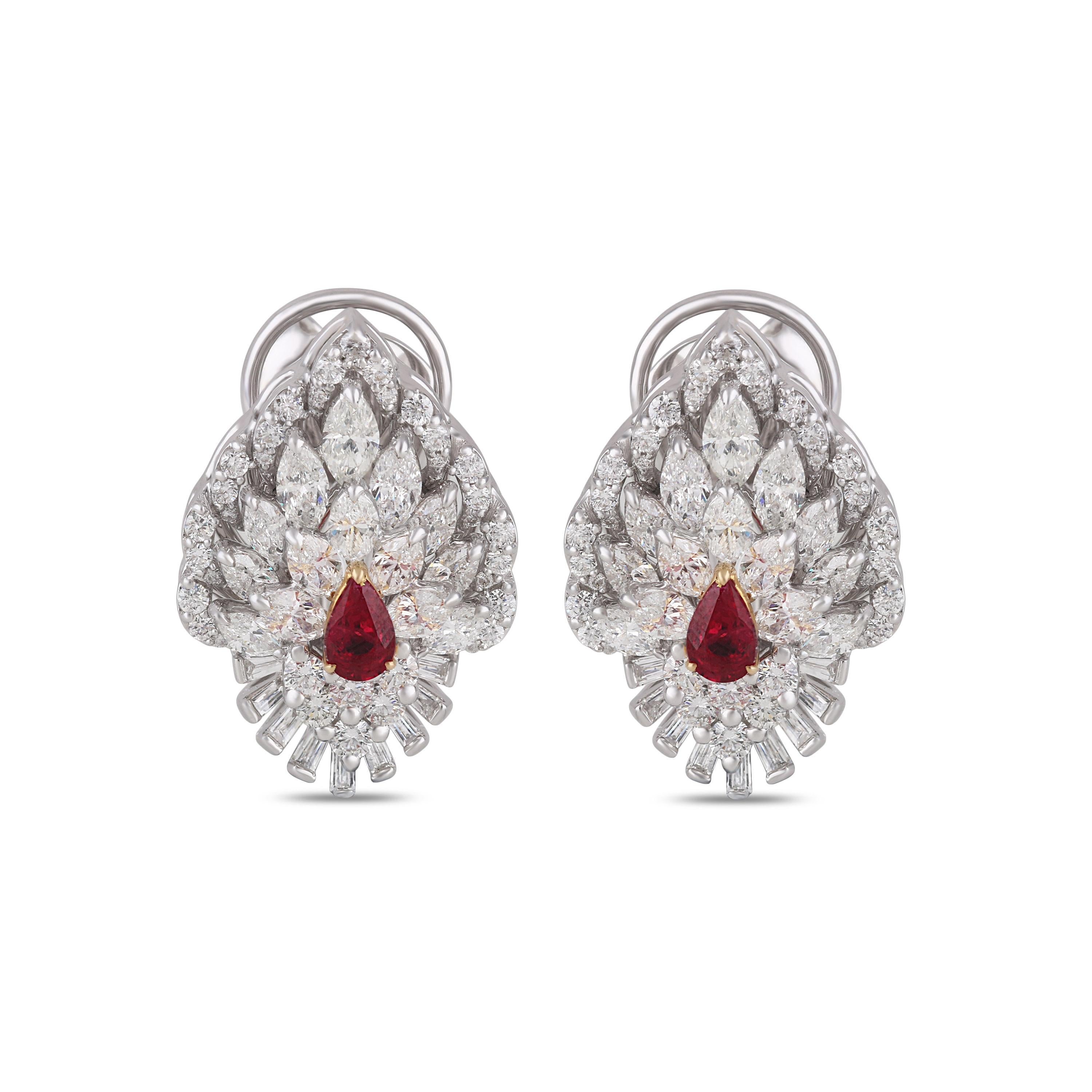 Marquise Cut Studio Rêves Peacock Inspired Diamond and Ruby Earrings in 18 Karat Gold For Sale