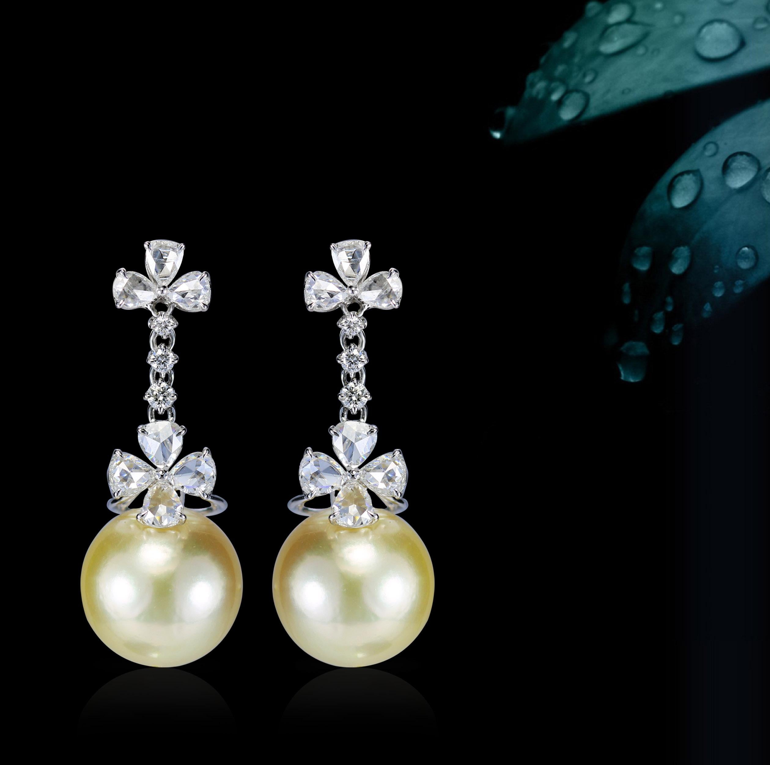 Studio Rêves Pear Rose Cut Diamonds and South Sea Pearl Earrings in 18K Gold For Sale 2