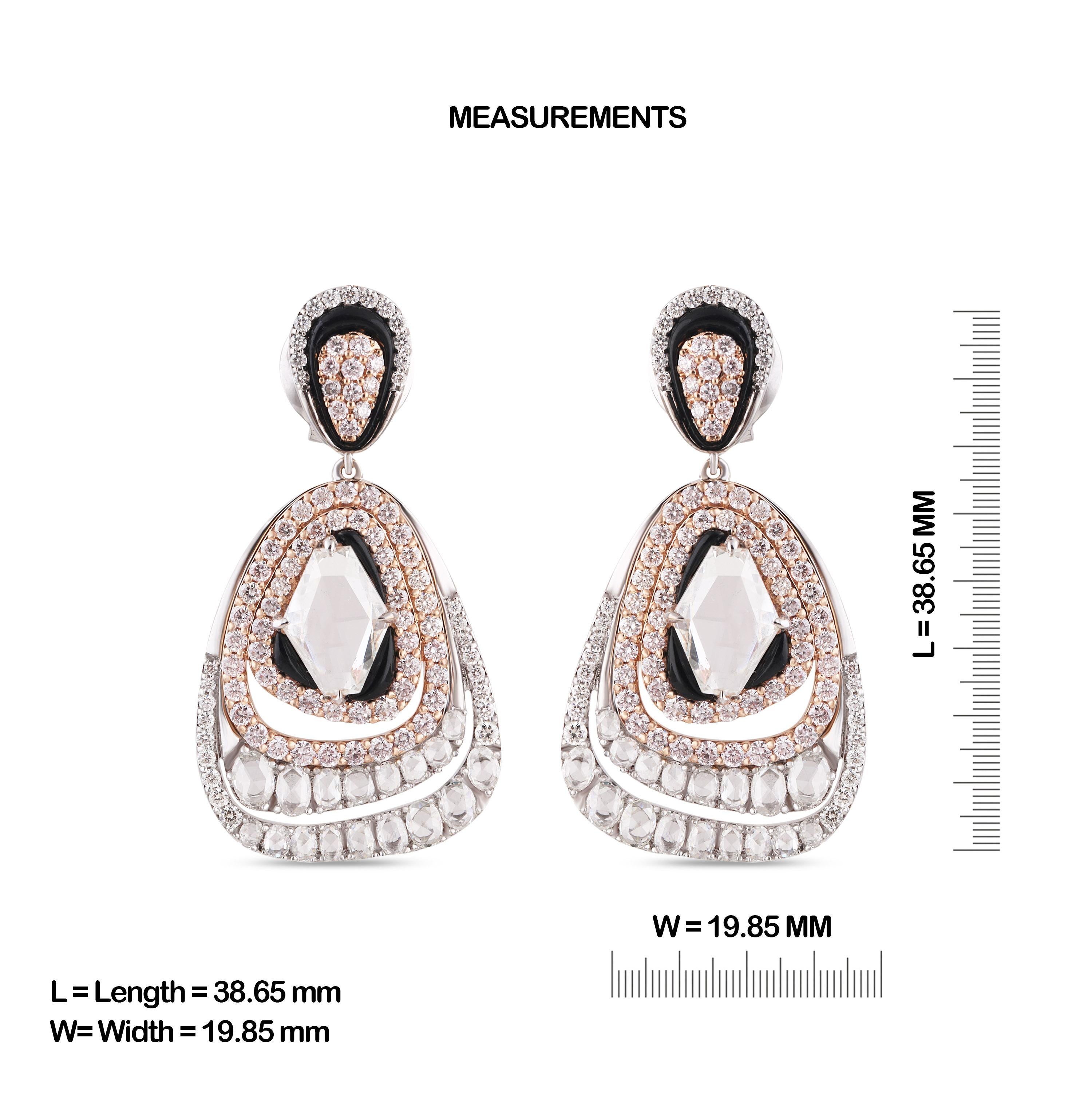 Gross Weight: 15.93 Grams
Diamond Weight: 5.96 cts
IGI Certification can be done on request.

Video of the product can be shared on request

Here we have dangling earrings in 18 karat rose gold and white gold in an anti-symmetric structure enhanced