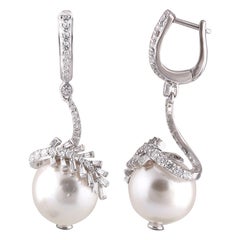 Studio Rêves Pearl and Diamond Dangling Earrings in 18 Karat Gold