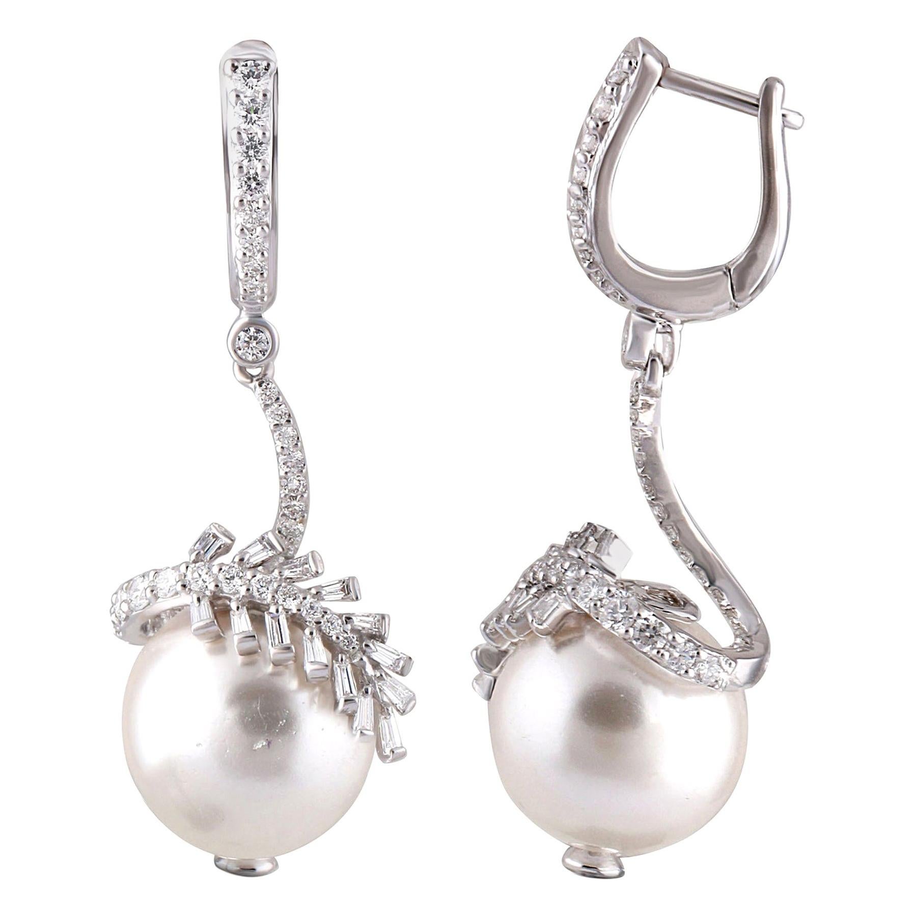 Studio Rêves Pearl and Diamond Dangling Earrings in 18 Karat Gold For Sale
