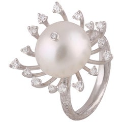 Studio Rêves Pearl Guarded by Diamonds Cocktail Ring in 18 Karat White Gold