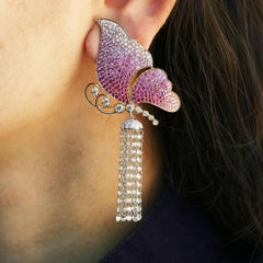 Studio Rêves Pink Sapphire and Diamond Butterfly Dangling Earrings in 18K Gold