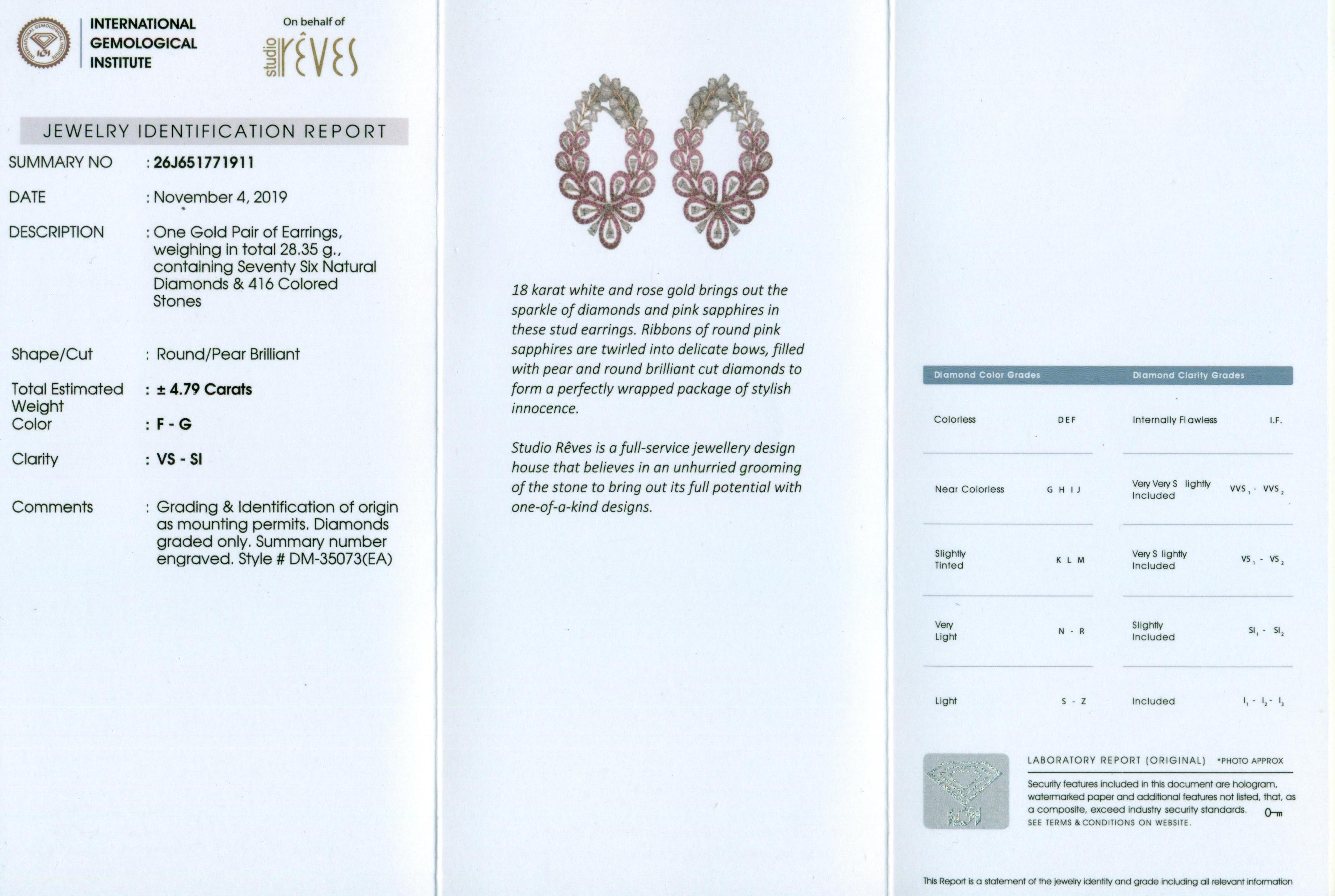 Pear Cut Studio Rêves Pink Sapphire and Diamond Stud Earrings in 18 Karat Gold For Sale