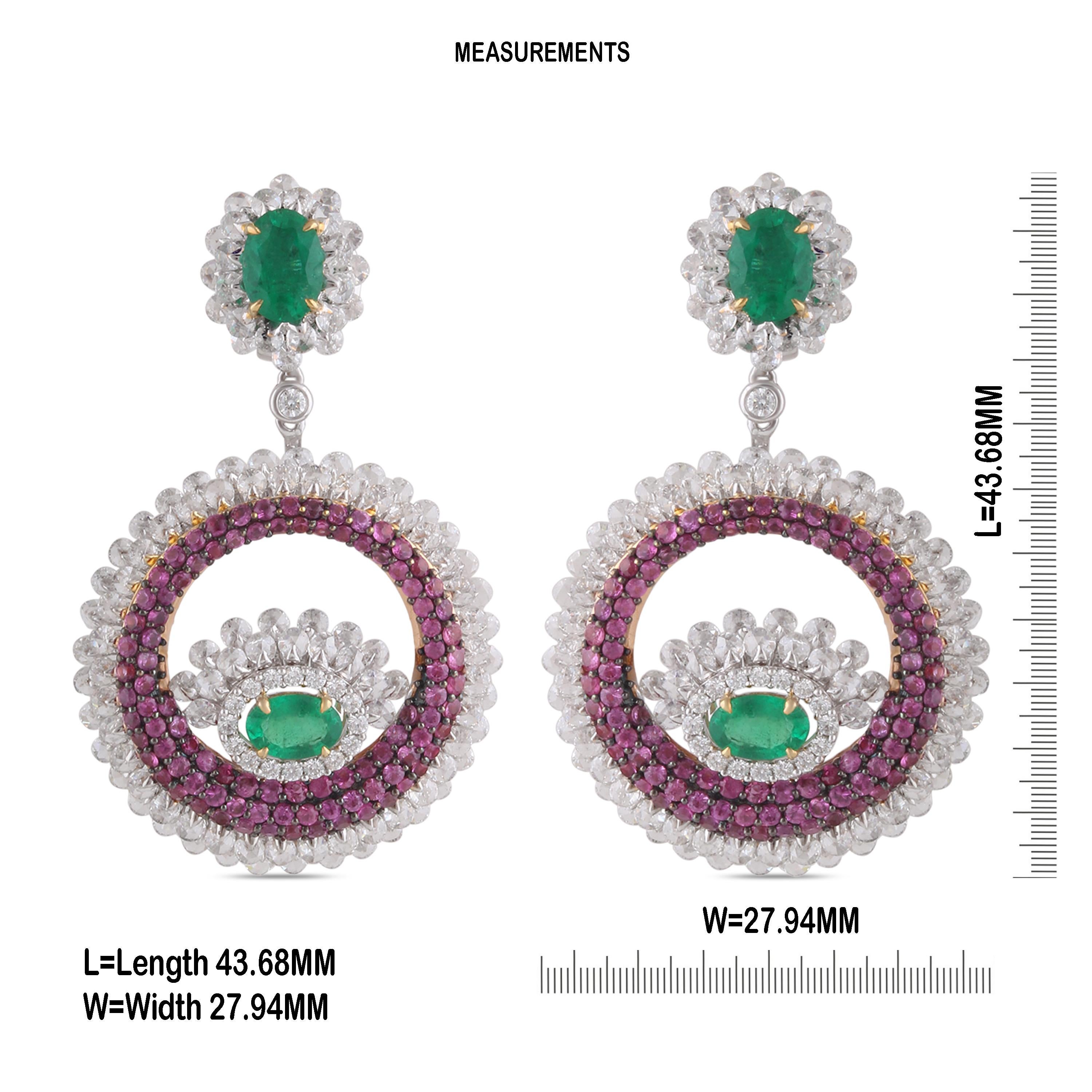 Rose Cut Studio Rêves Pink Sapphire and Emerald Diamond Dangling Earrings in 18K Gold For Sale