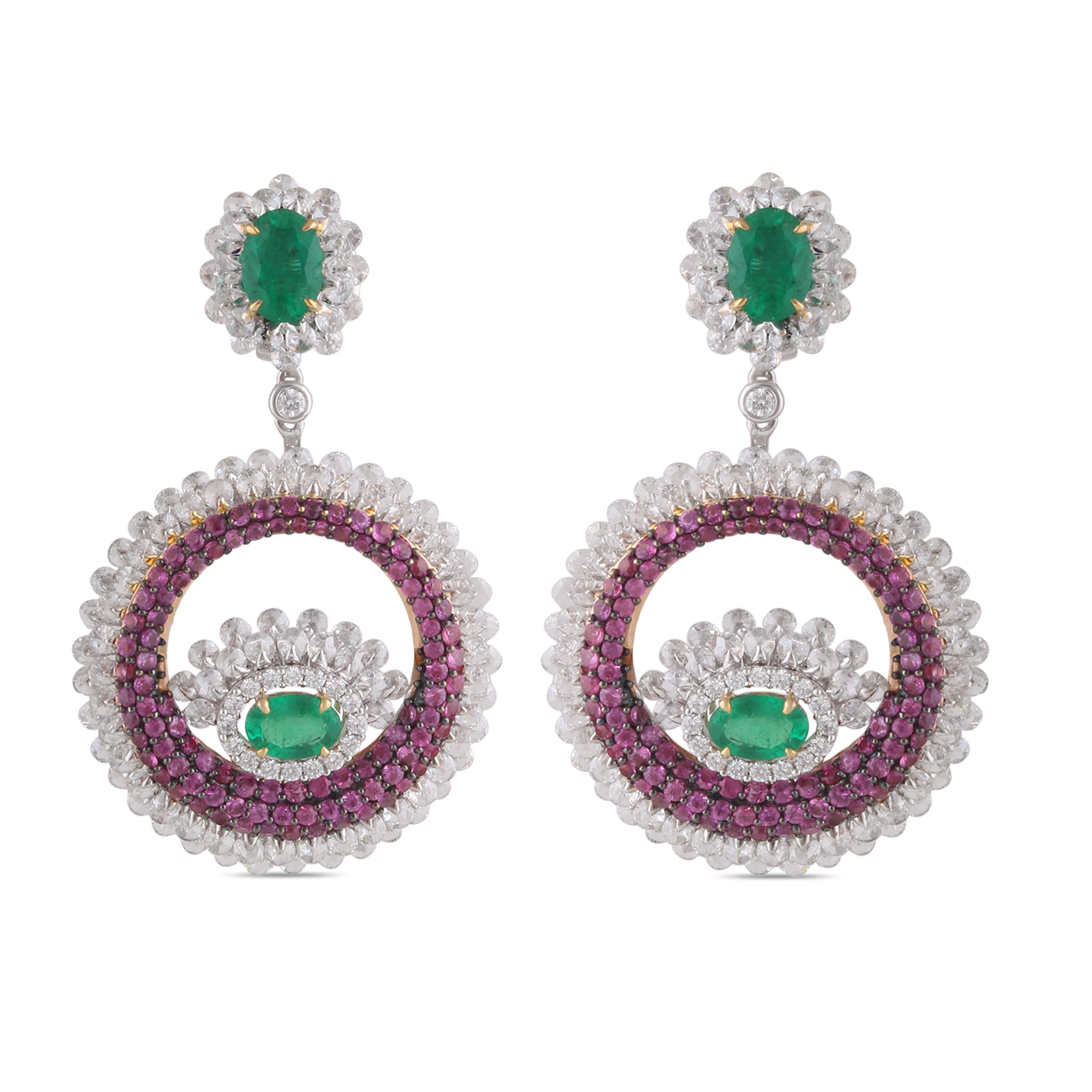 Women's Studio Rêves Pink Sapphire and Emerald Diamond Dangling Earrings in 18K Gold For Sale