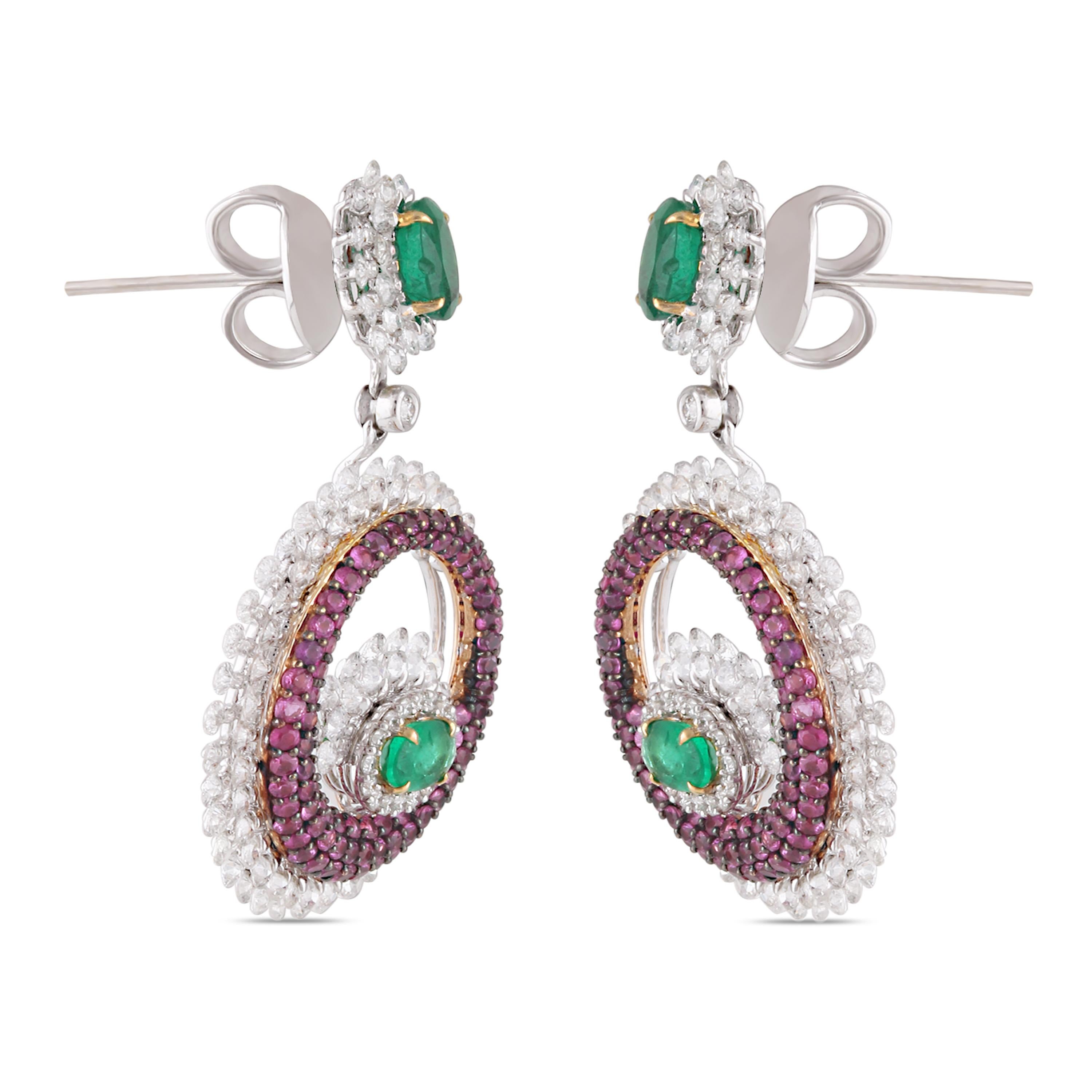 Studio Rêves Pink Sapphire and Emerald Diamond Dangling Earrings in 18K Gold For Sale 1