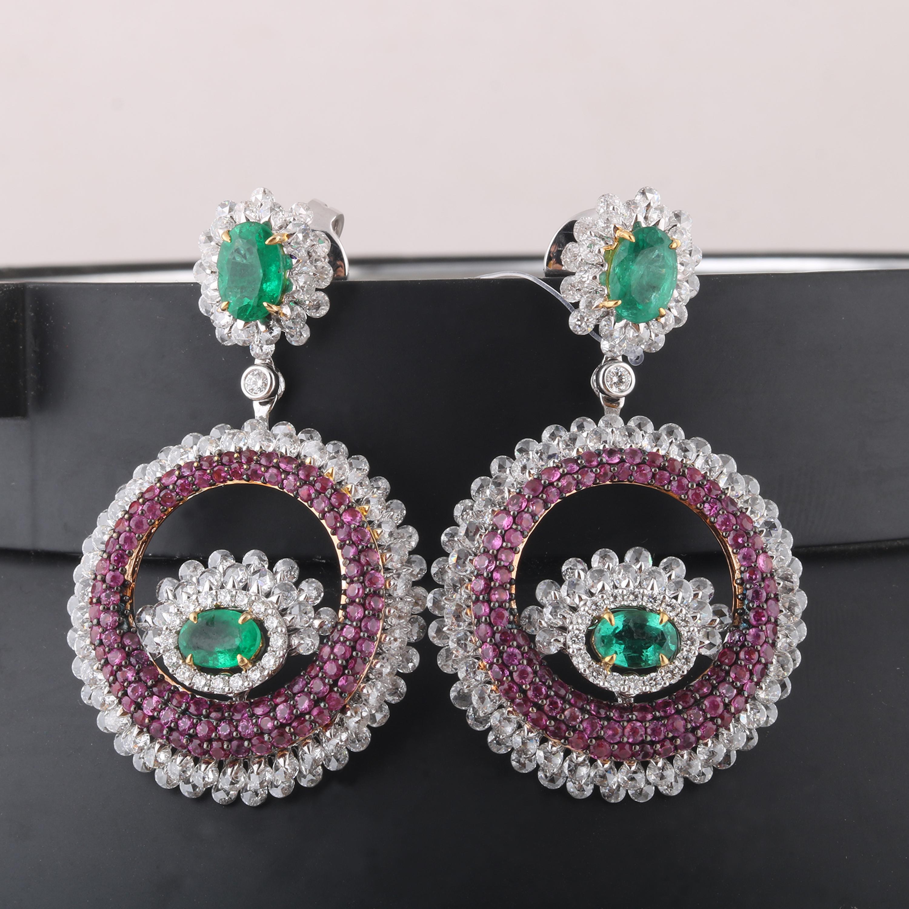 Studio Rêves Pink Sapphire and Emerald Diamond Dangling Earrings in 18K Gold For Sale 3