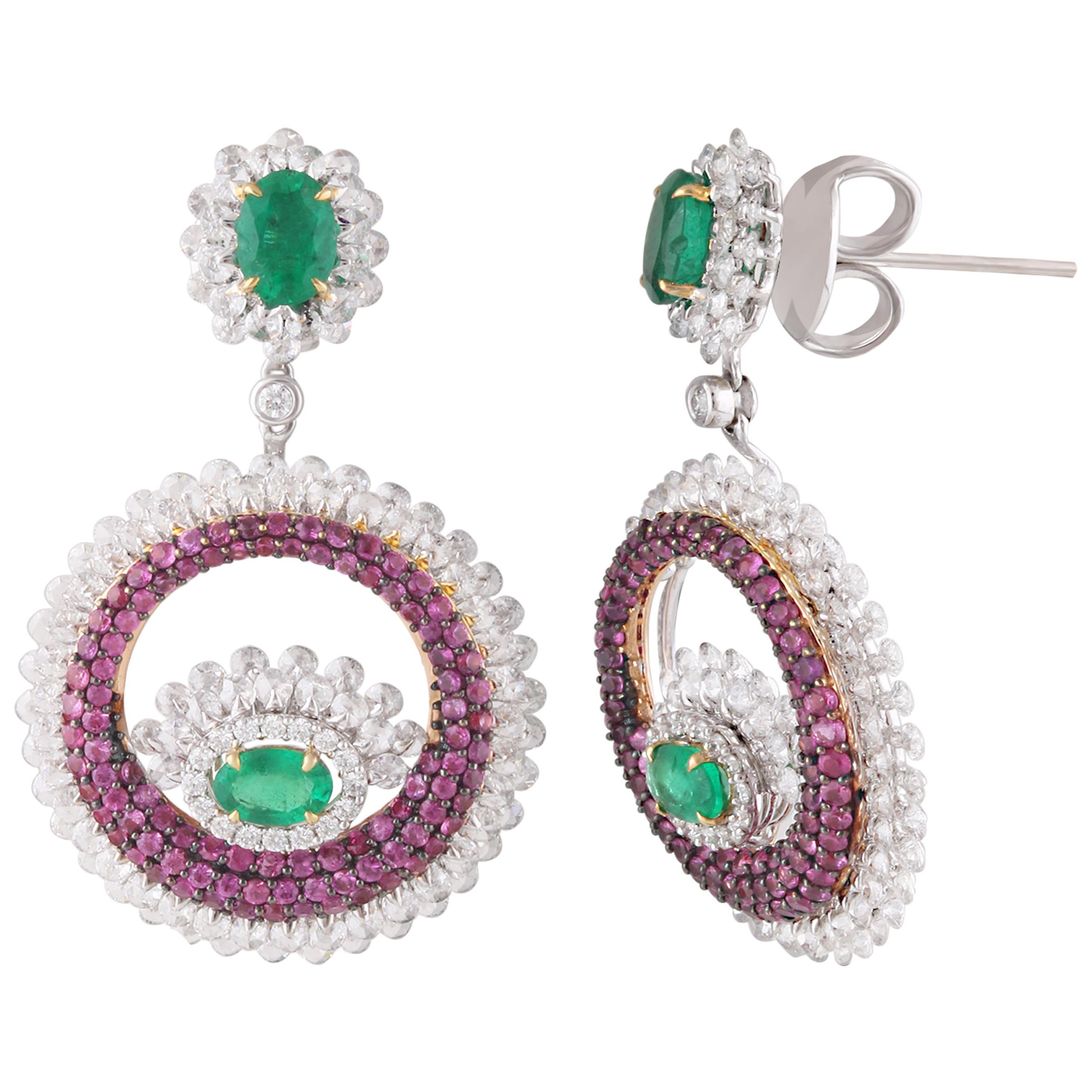 Studio Rêves Pink Sapphire and Emerald Diamond Dangling Earrings in 18K Gold For Sale