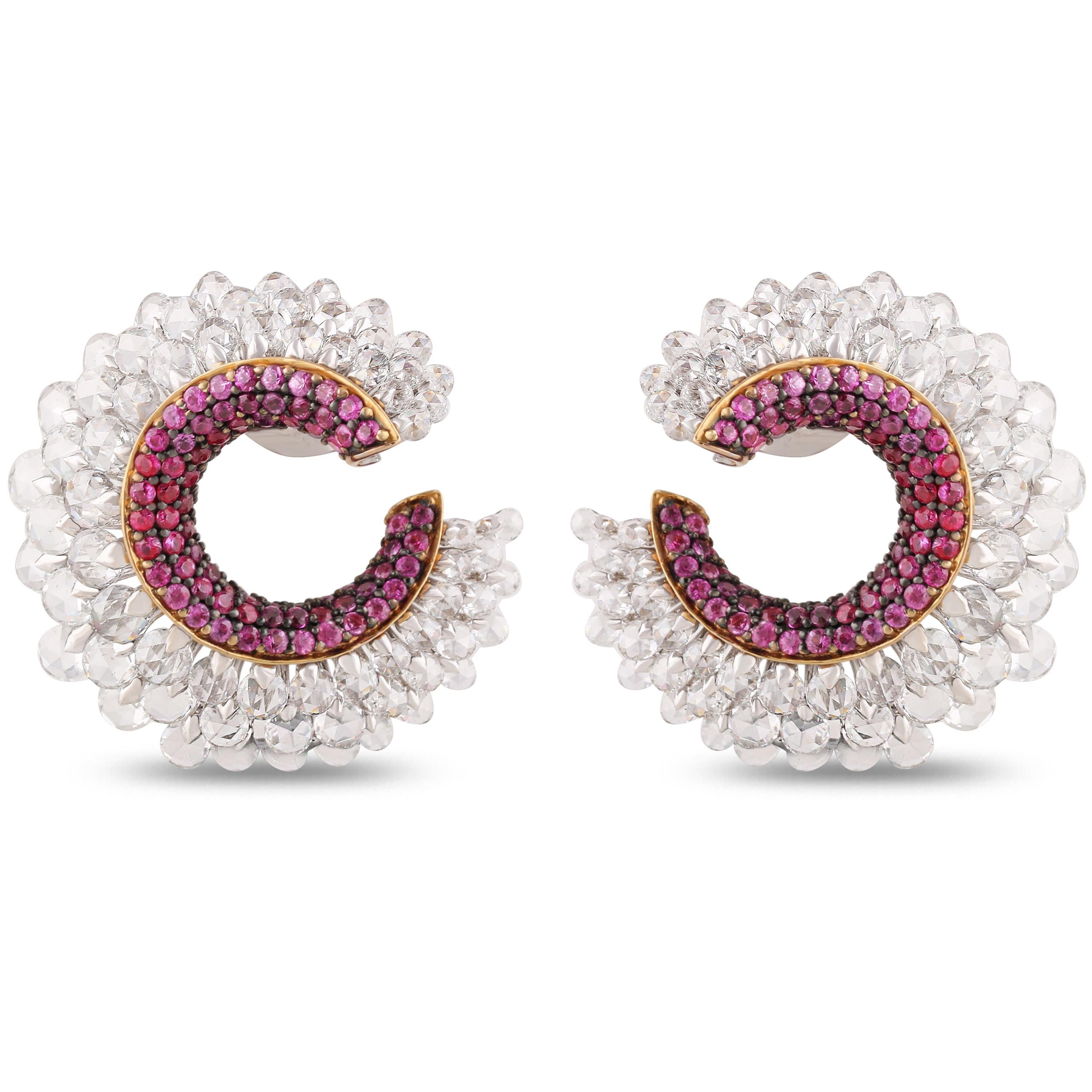 Women's Studio Rêves Pink Sapphire and Rose Cut Diamond Stud Earrings in 18 Karat Gold For Sale