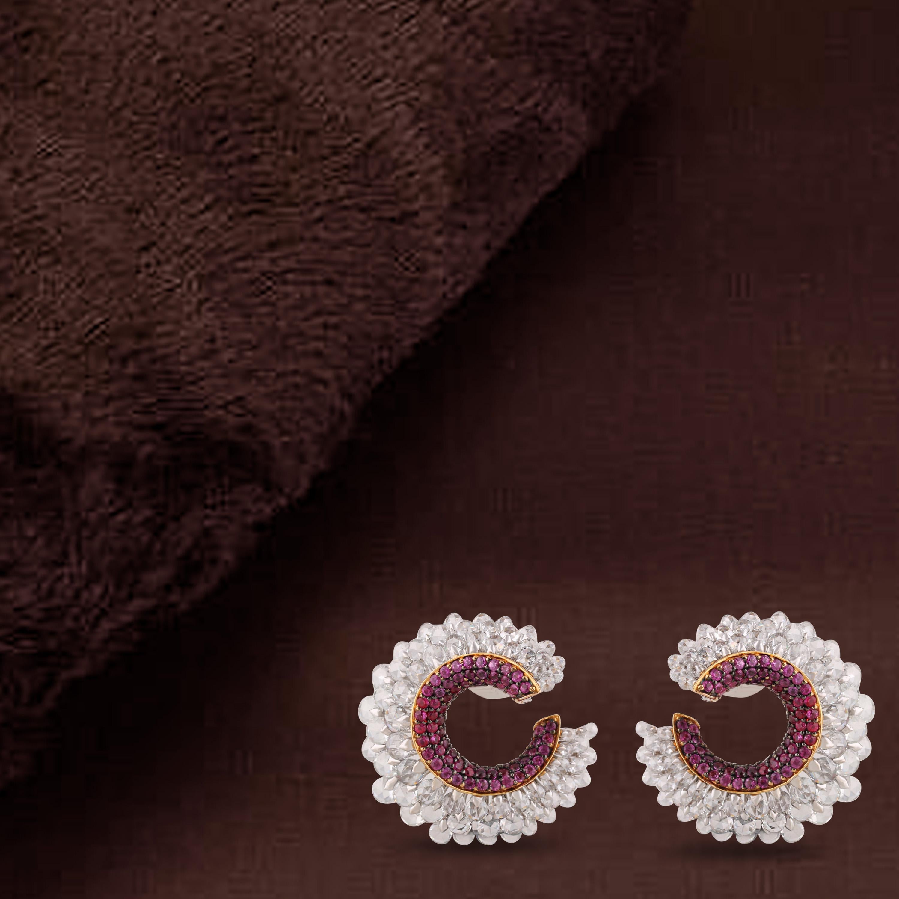 Studio Rêves Pink Sapphire and Rose Cut Diamond Stud Earrings in 18 Karat Gold For Sale 3